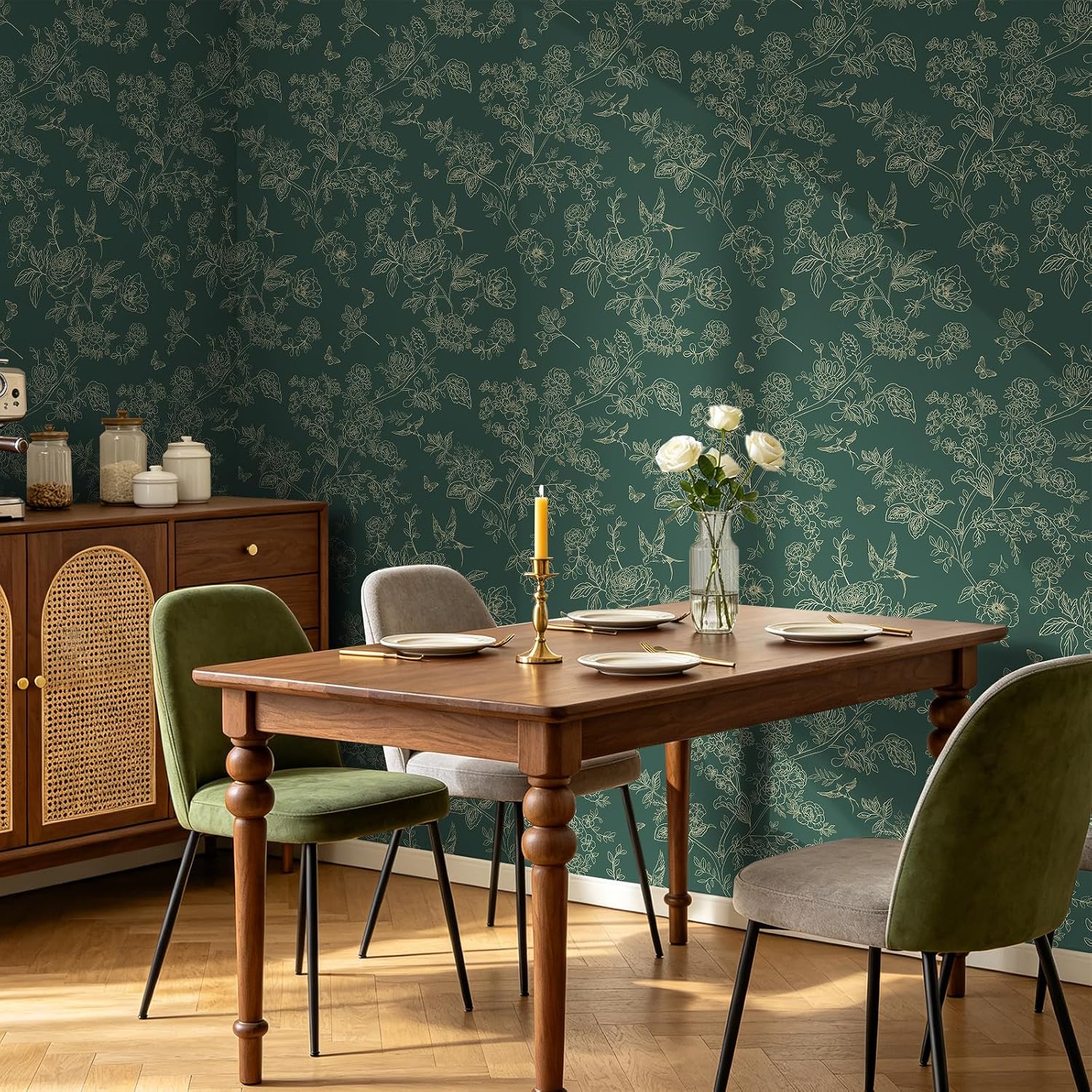 Floral Peel and Stick Wallpaper- Green and Gold Vintage Flowers Contact Paper for Bathroom, Bedroom - Boho Removable Self Adhesive Vinyl Wall Paper for Decor Shelf Linings and Cabinets,17.3" x 393"