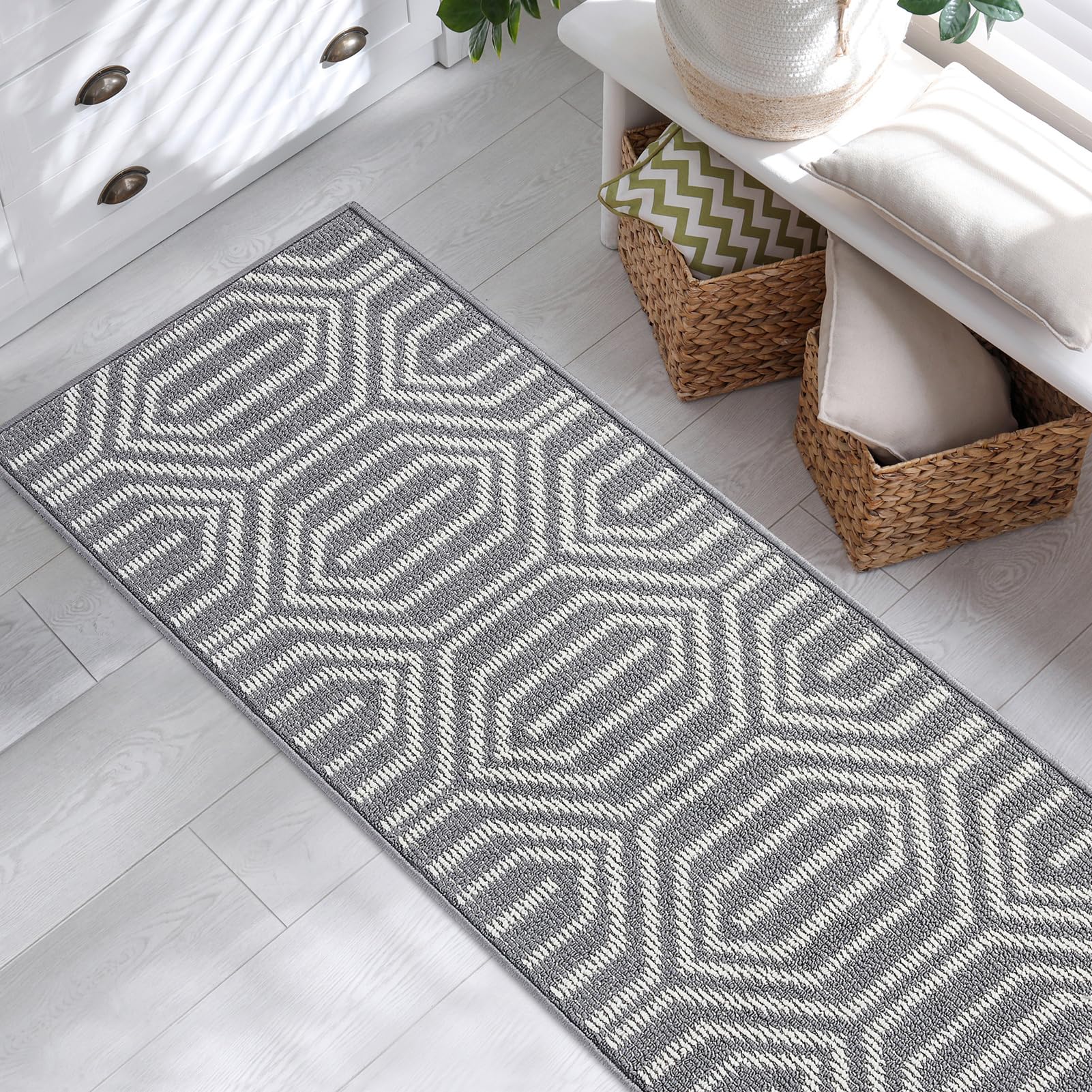 REFETONE Runner Rug, 2'6''x5' Long Door Mats Indoor Runners for Hallways, Non Slip Rubber Backing Entry Rug, Washable Entrance Floor Mat Runner for Home, Kitchen, Laundry, Living Room, Garage, Grey