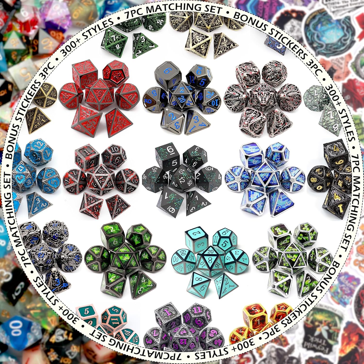 Haxtec Mystery Metal DND Dice Set 7pcs Polyhedral Dice + 3 Funny Waterproof Stickers, Metal Dice for Dungeons & Dragons, Chance to Win Hollow Metal Dice, Great DND Gift, No Duplicates in 2/5 Packs