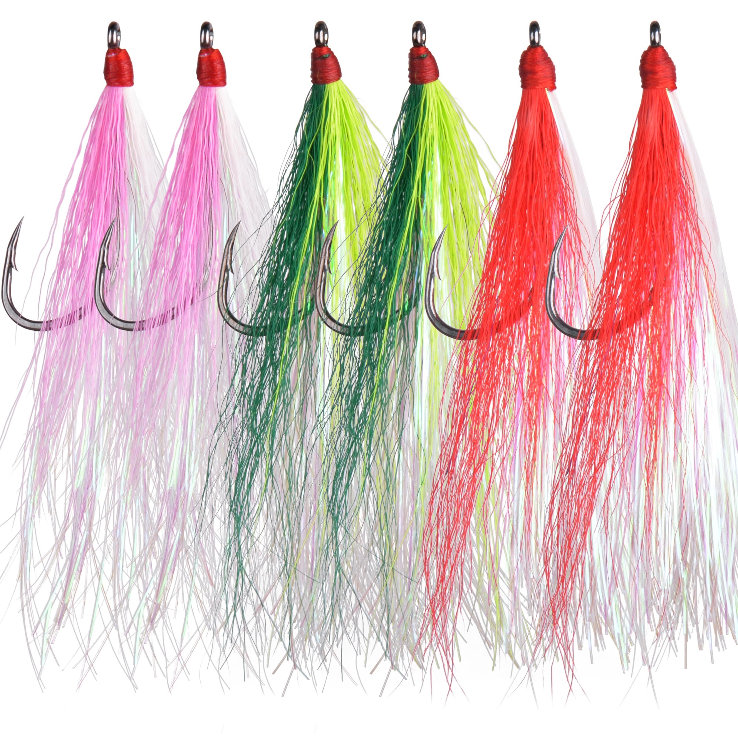 AGOOL Bucktail Teaser Hooks - Saltwater Flounder Rig, High Carbon Steel With Crystal Flash (6/12pc, Green/Pink/Red) - View #6