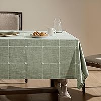 ZeeMart Sage Green Embroidered Grid Farmhouse Tablecloth 60x104 Inch - Heavy Weight Water Resistant Cotton Linen Boho Plaid Rectangle