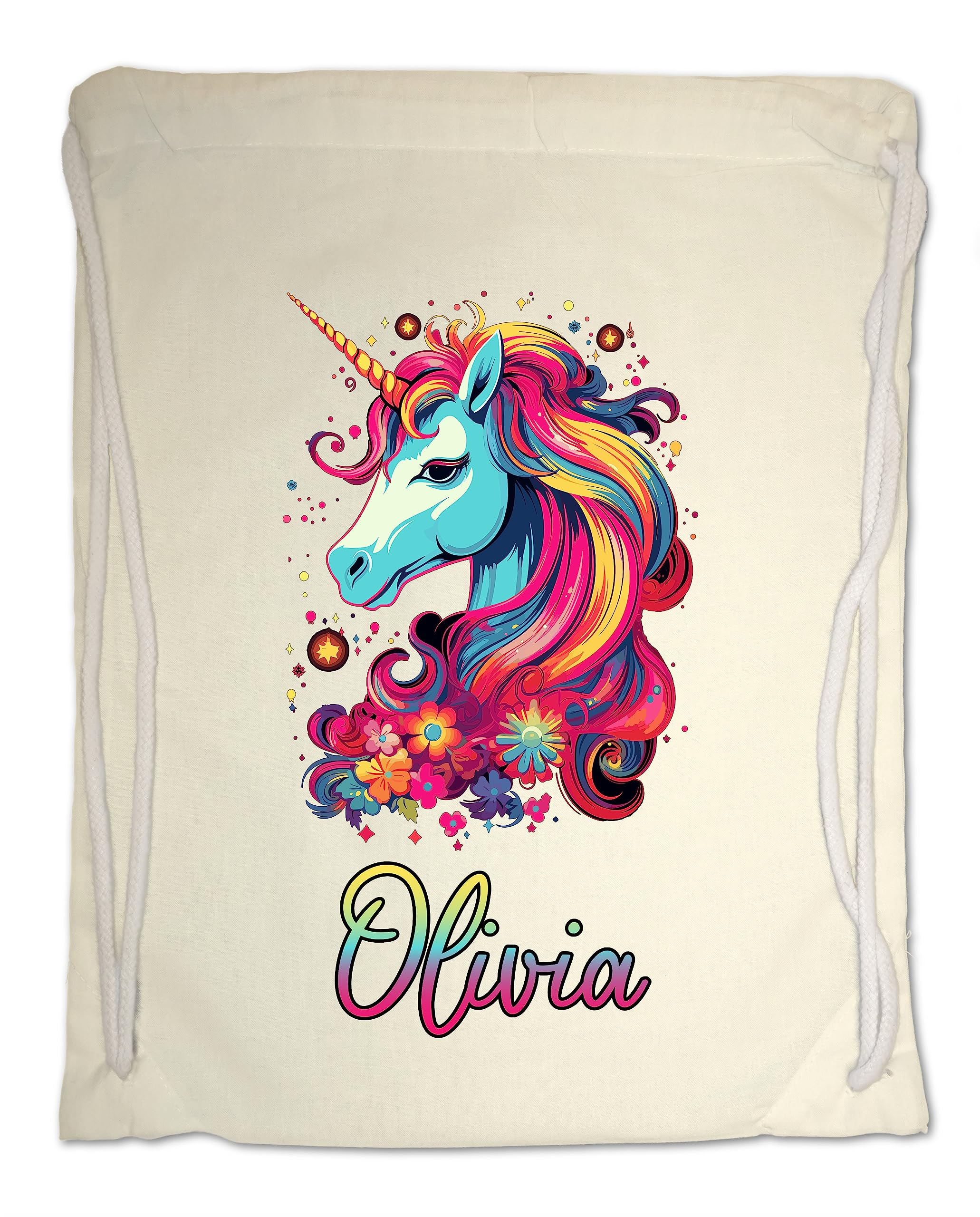Kids Gym Bag. Personalised Any Name Neon Mane Unicorn Swimming PE School Sports Bag. Boy or Girl, Birthday Gift. Christmas. Back to School (Natural)