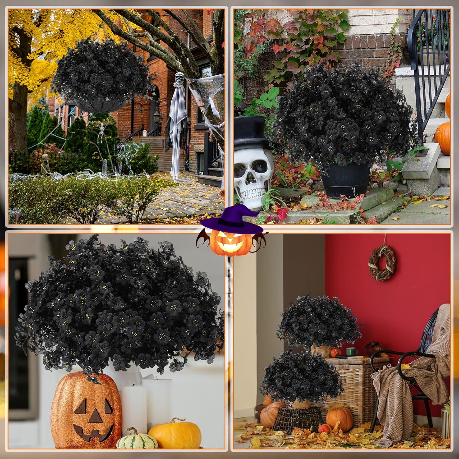Giegxin 24 Bundles Halloween Artificial Flowers Outdoor Black Eucalyptus UV Resistant Outdoors Fake Plants Faux Plastic Flower for Hanging Planters Outside Porch Vase Home Window