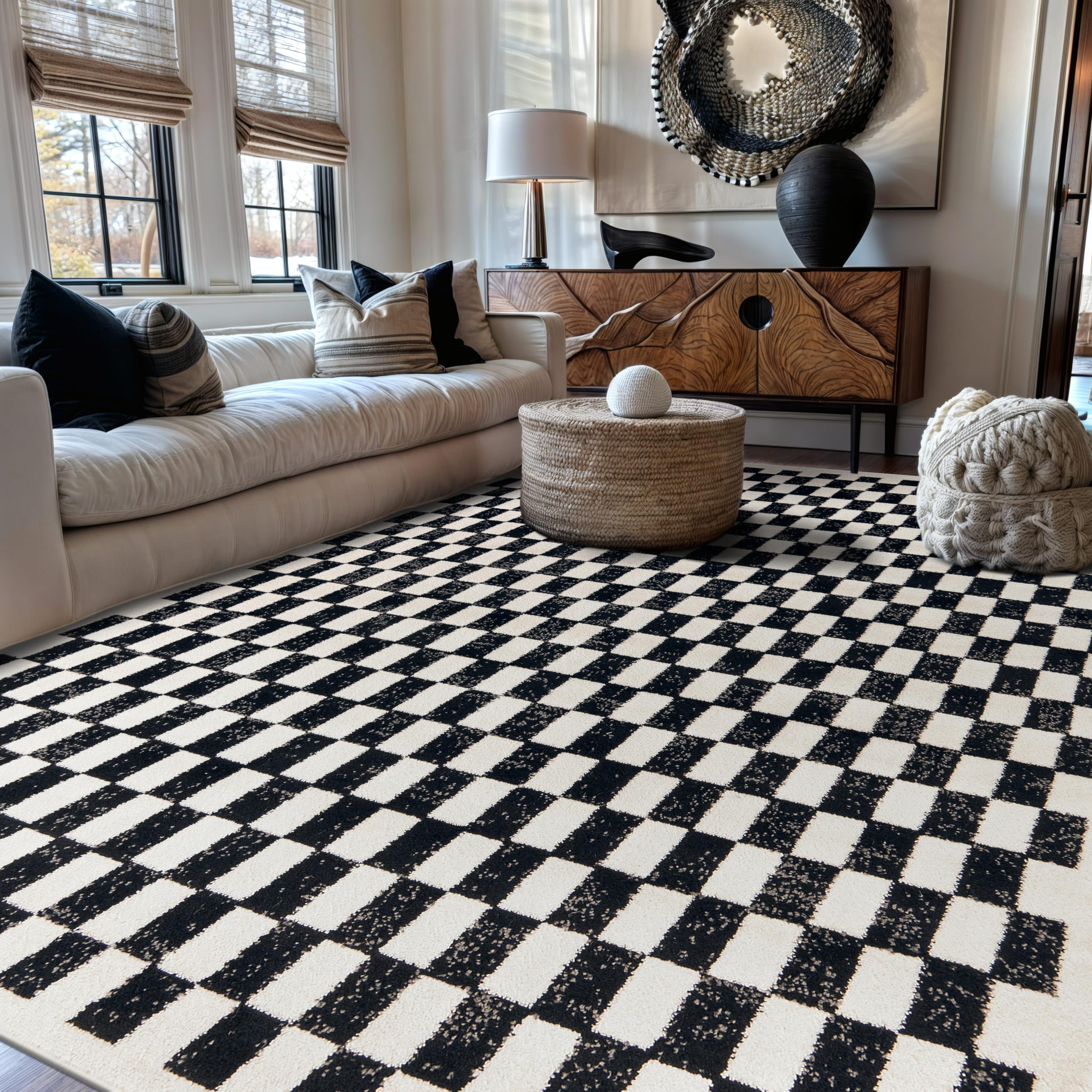 Photo 1 of ** DIRT FROM TRANSPORT **Rugshop Black and White Checkered Area Rug – High-Contrast Grid Pattern Carpet for Living Room, Bedroom, or Dorm – Trendy Contemporary Soft Floor Décor 7' 10" x 10' Black