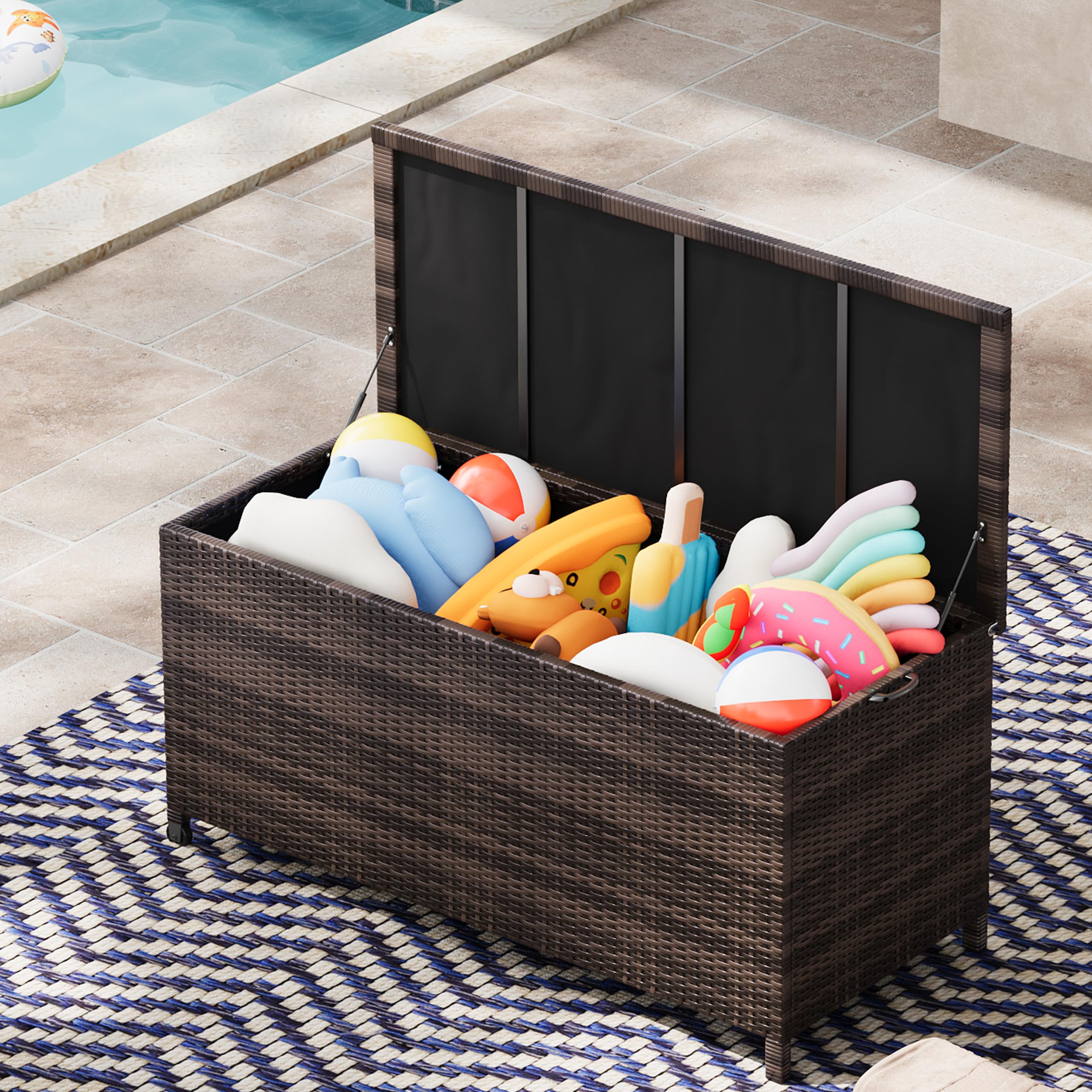 Litake 480L Aufbewahrungsbox für den Außenbereich, Große Terrassenbox Polyrattan Gartenbox wetterfest mit Deckel& Zwei Radern, Leicht Bewegen, Kissenbox für Garten/Balkon, 132x 55.5 x 64 cm,Braun