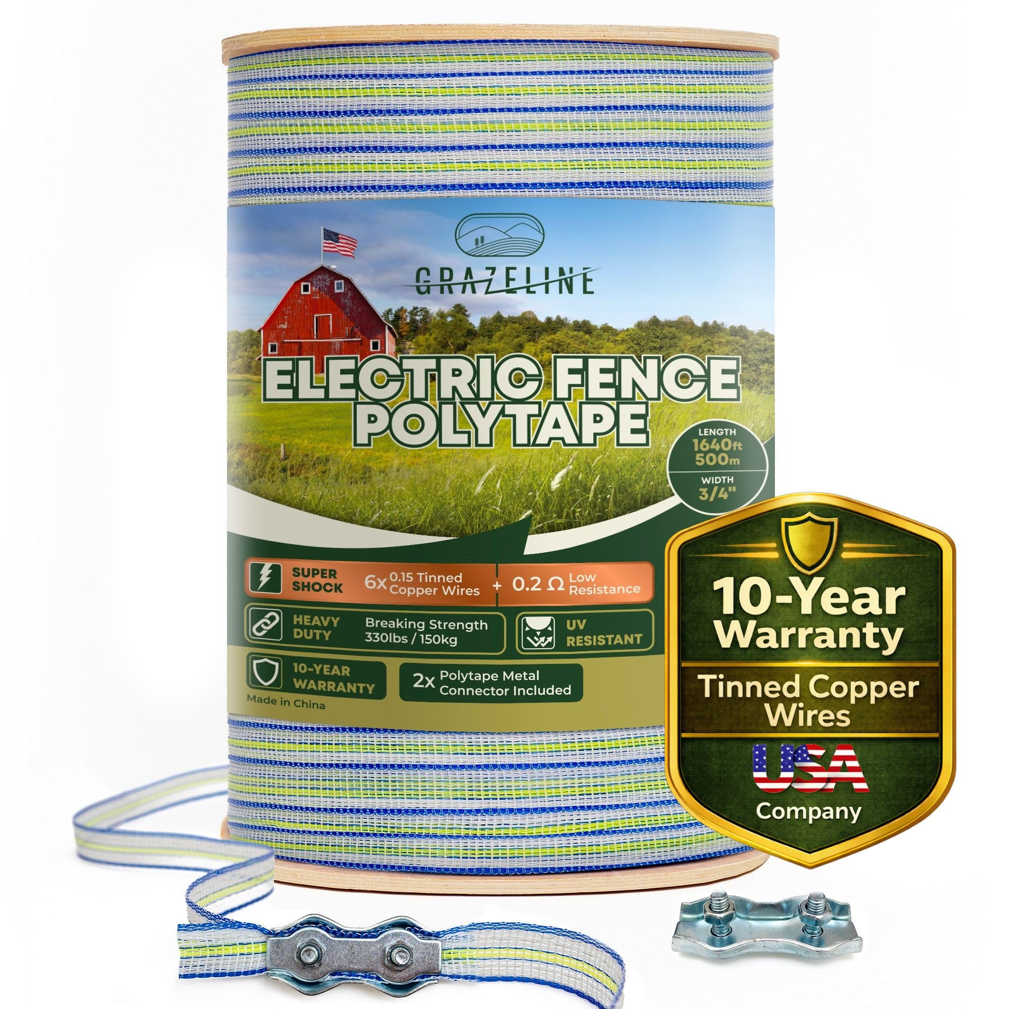 Electric Fence Polytape 1640ft - High Visibility 3/4" Livestock Fence Tape with 6 Tinned Copper Wire, 0.2 Ohm Low Resistance, 330lb Strength - Safe Horse & Goat Fencing, UV Resistant, 10-Year Warranty