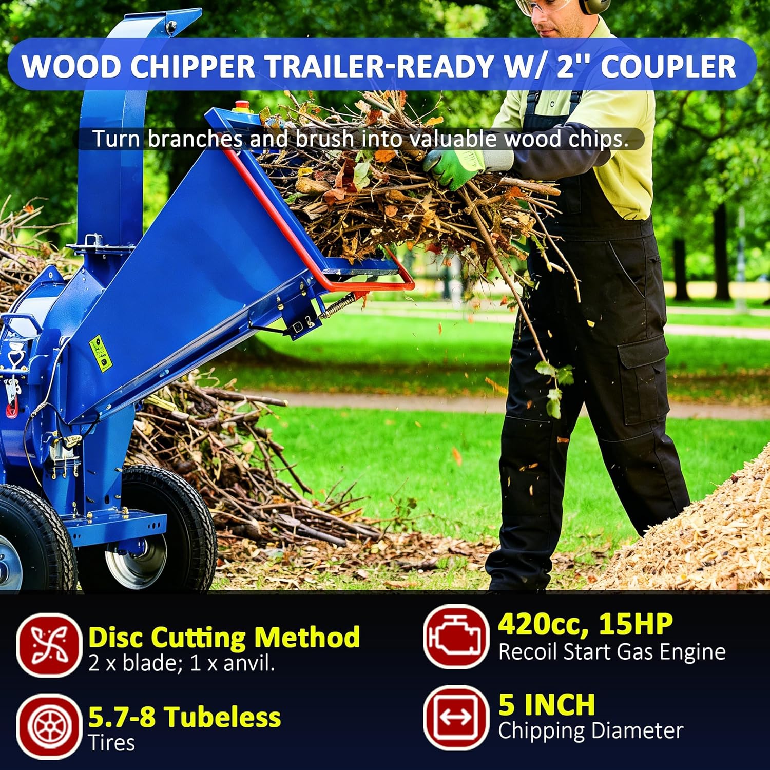 5-Inch 420cc 15HP Gas Powered Disc Wood Chipper, Recoil Start, Towable Design with 2'' Coupler Tow Hitch & Jockey Wheel, Emergency Stop Bar, Heavy Duty Leaf & Branch Shredder Mulcher