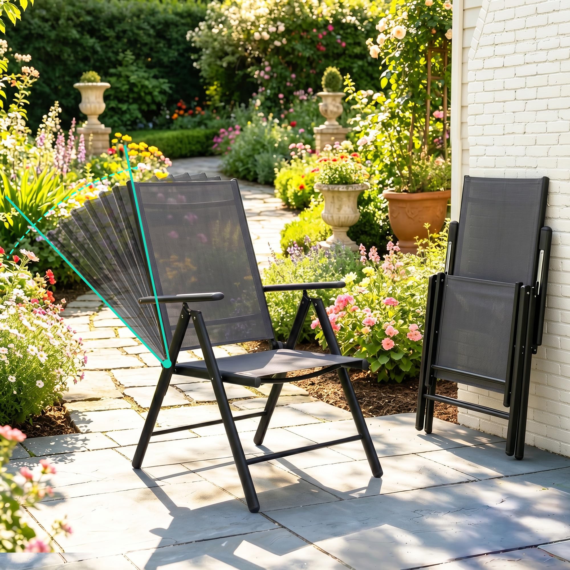 2026 Aufwertung 4er Set Klappbare Hochlehner Gartenstühle, Regulierbarer 7 Winkel Wetterfeste Terrassenstühle mit Atmungsaktives Textilene & Stahlgestell für Garten, Balkon, Terrasse, Poolbereich