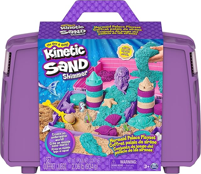 Kinetic Sand, Mermaid Palace Playset, 2.06lbs of Shimmer Play Sand (Neon Purple, Shimmer Teal, and Beach Sand), Reusable Folding Sandbox and Tools, Amazon Exclusive