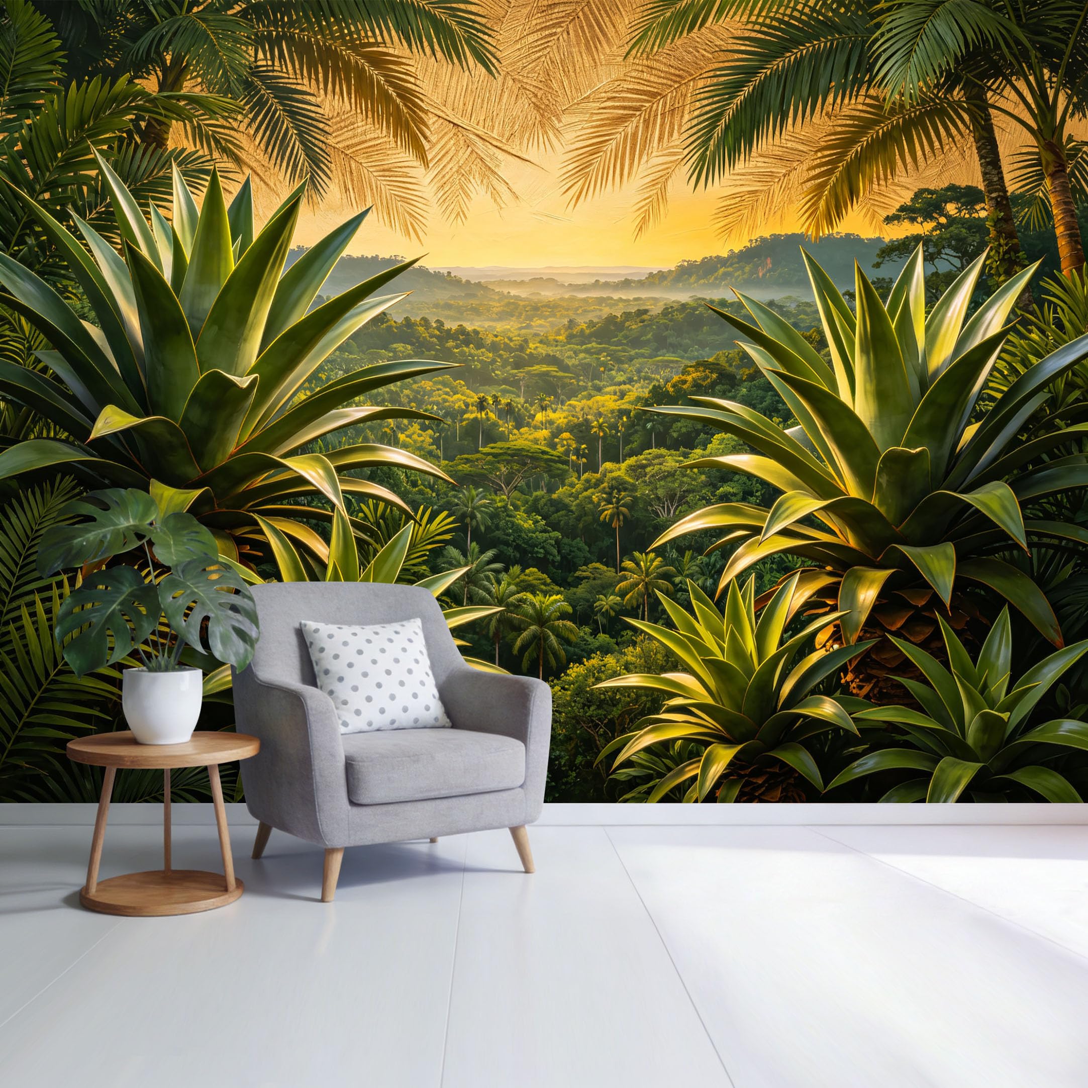 Custom Size Wall Mural Tropical Jungle Green Palm Leaves Sunset Landscape SelfAdhesive Wall Fabric Removable Wallpaper for Home Office Decor