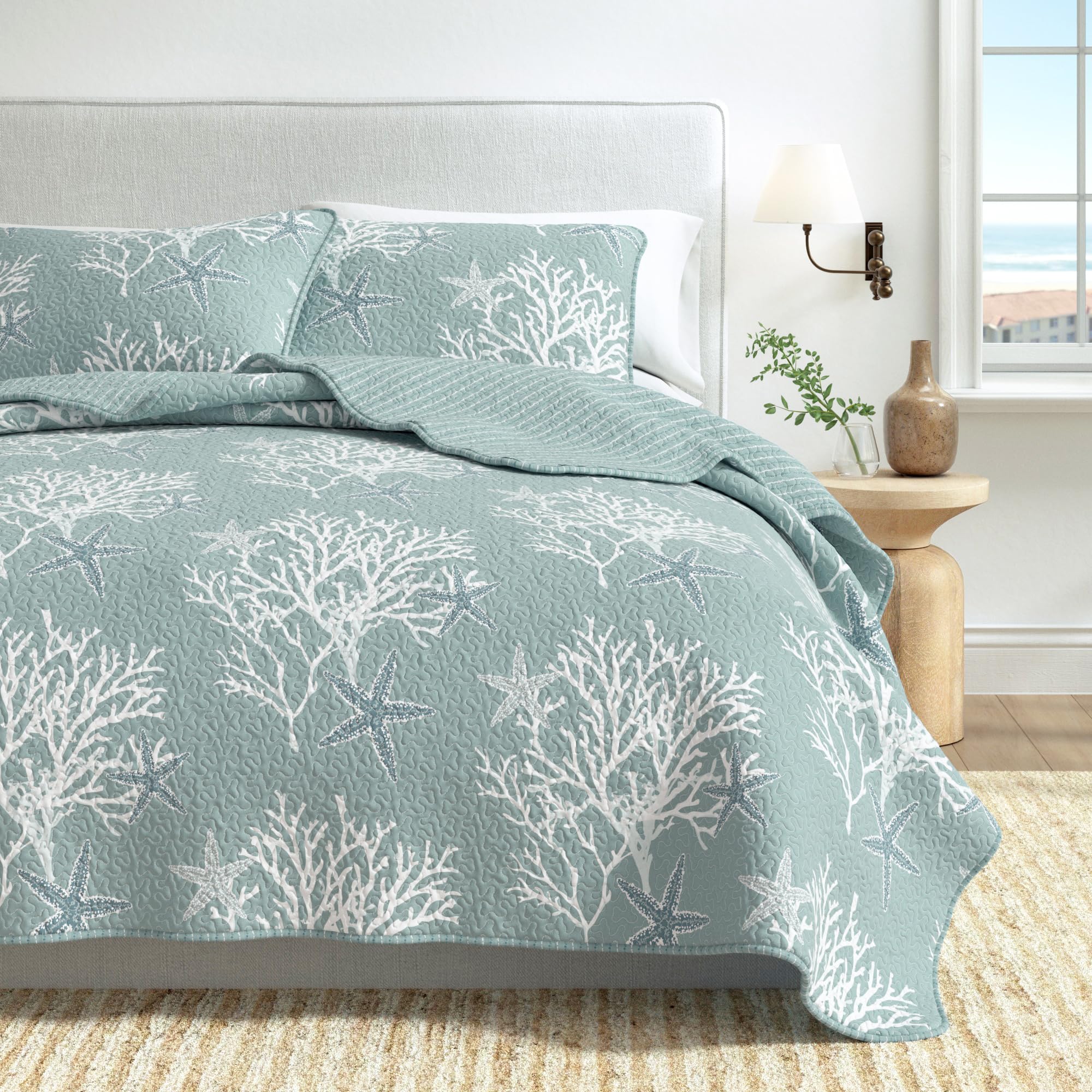 Great Bay Home Set di biancheria da letto da 2 pezzi, per letto singolo standard e XL, trapunta, motivo costiero, estivo, con federa, reversibile, per tutte le stagioni. Copriletto trapuntato leggero
