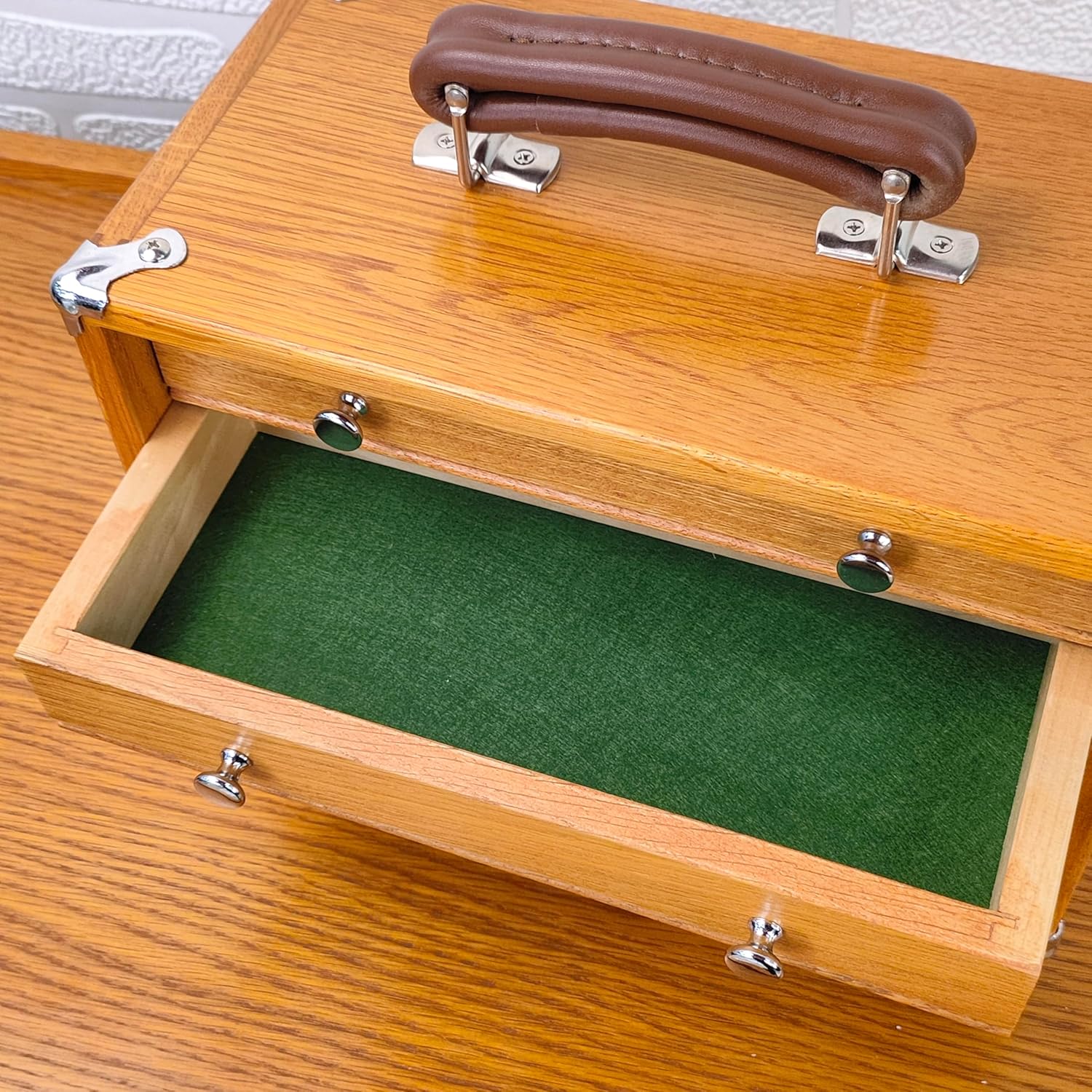 Oak Wood 4 Drawers Portable Toolbox, Leather Handle, FT0104