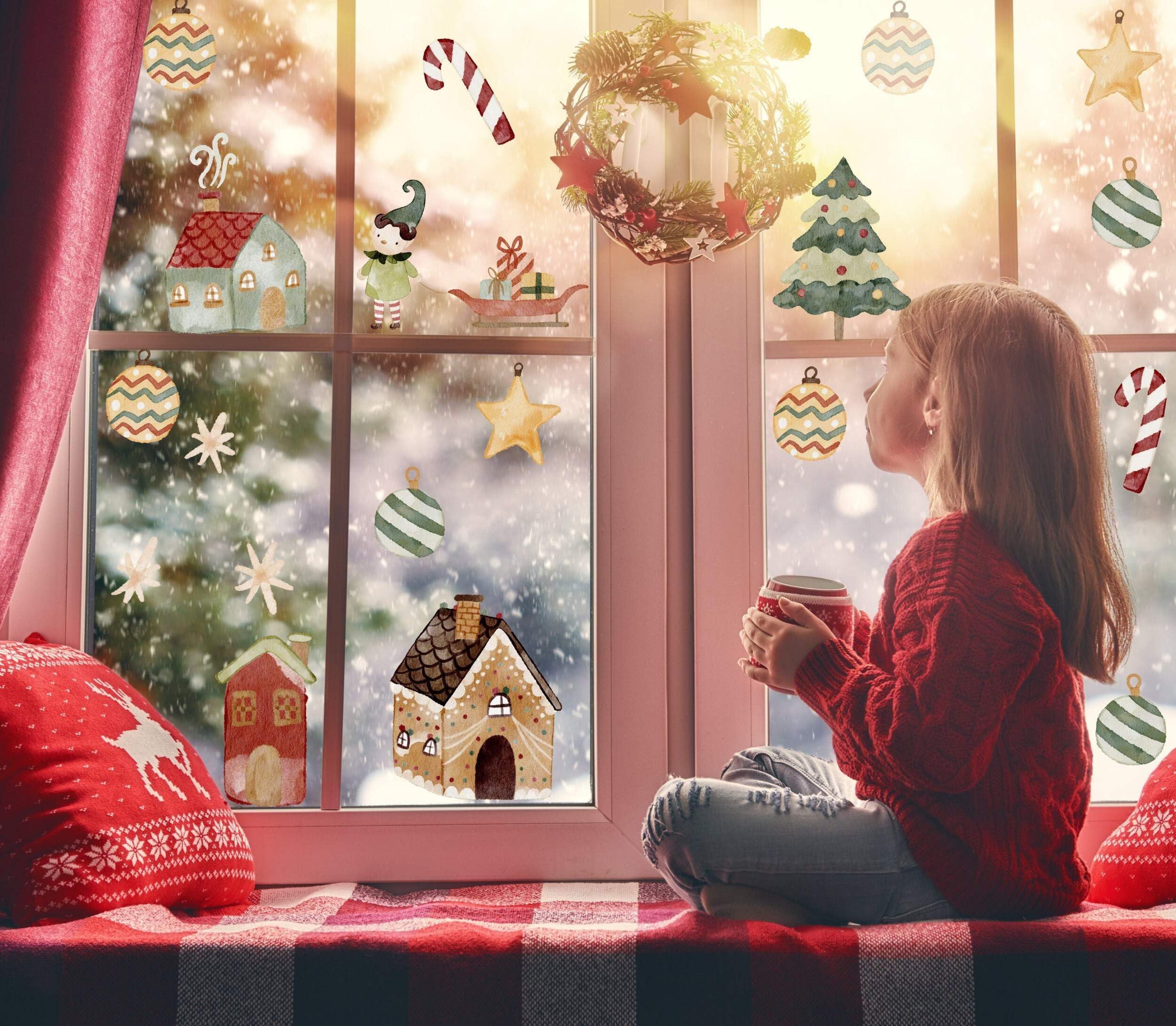 Quotemywall Christmas Village Quote My Wall Christmas Window Stickers Trees Cute Elf Watercolour Village Baubles Decorations For Home Shop Windows For Kids, Children's Festive Holiday Art Removable (Christmas Village)