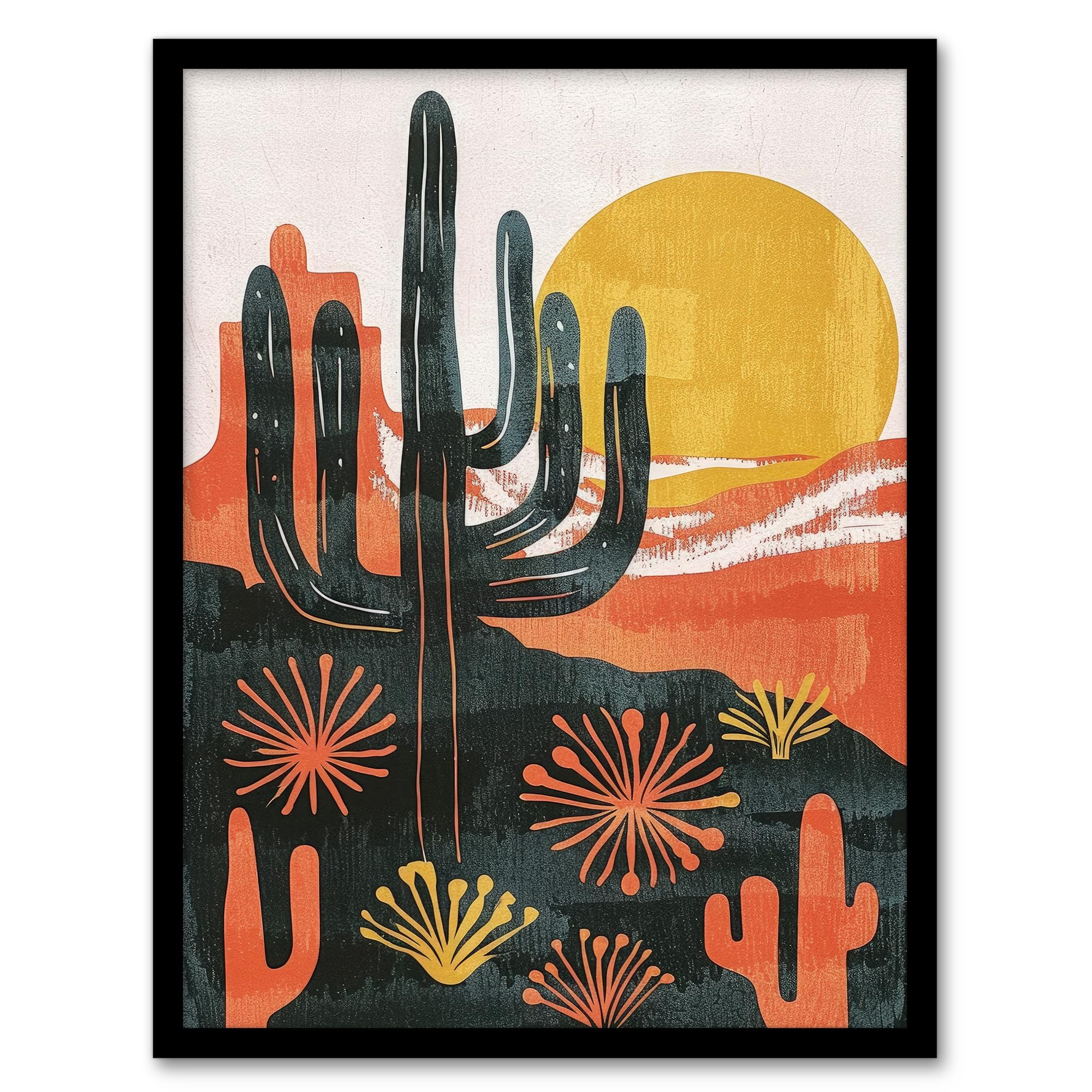 Artery8 Desert Cactus Sunset Simple Bobo Cacti Landscape For Living Room Artwork Framed Wall Art Print A4