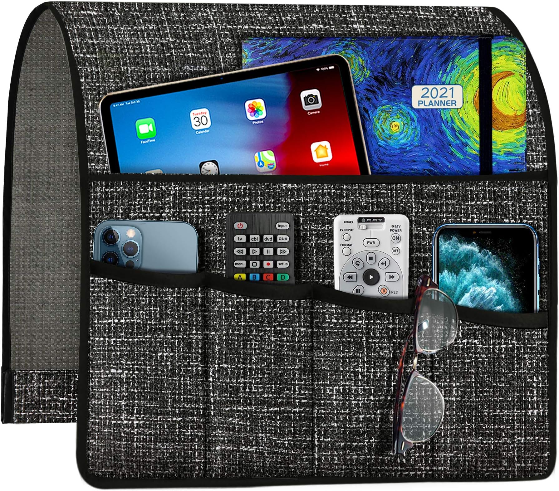Naturoom Thick Linen Armchair Caddy, TV Remote Holder for Couch Sofa, Armrest Organizer Recliner Accessories, Arm Chair Side with 5 Pockets, Dark Grey
