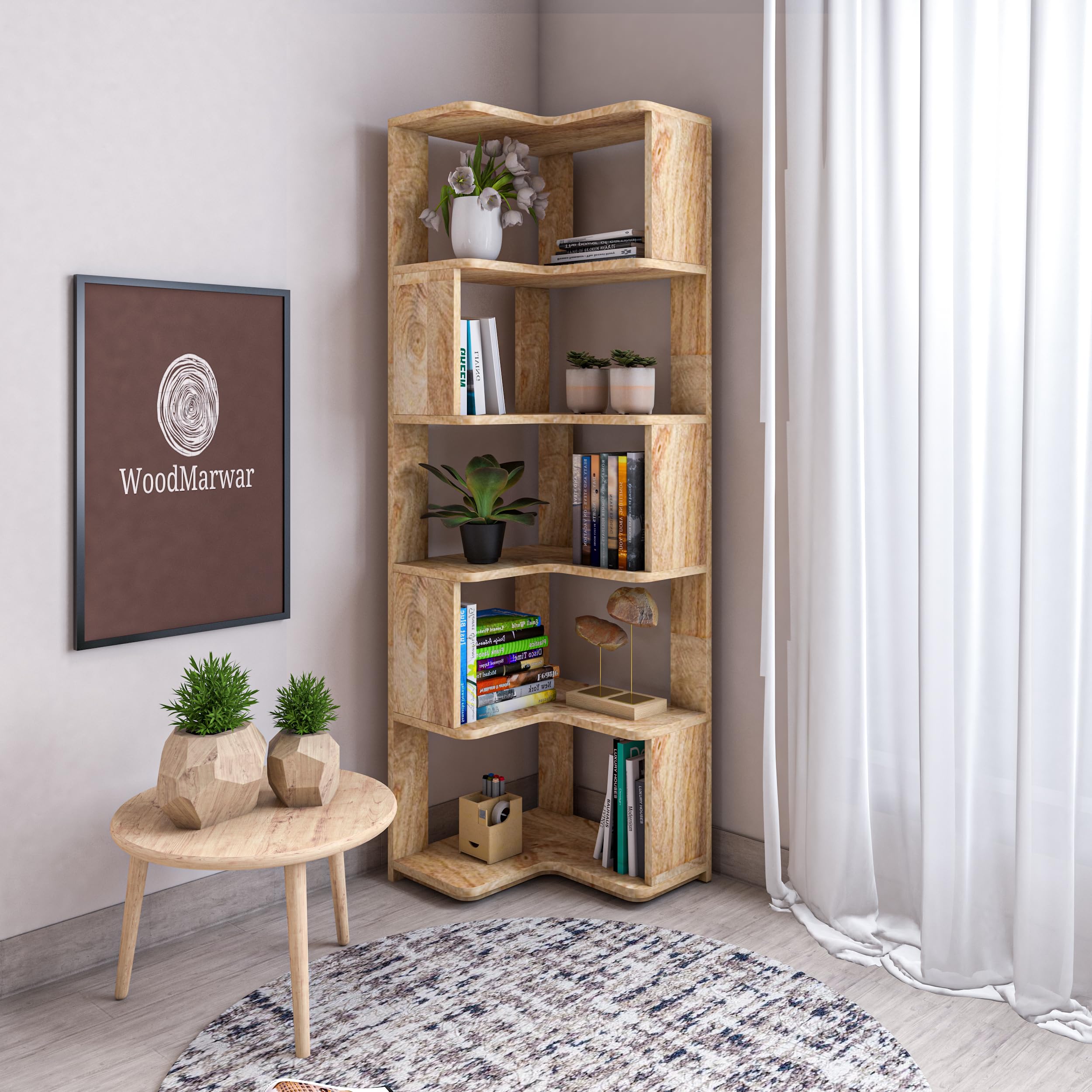 WoodMarwar Sheesham Wood Free Standing Book Shelf | Multipurpose Bookshelf Storage Display Rack with 10 Open Shelves for Office | Decorative Corner Shelf Bookcase for Home Decor | Pine Finish