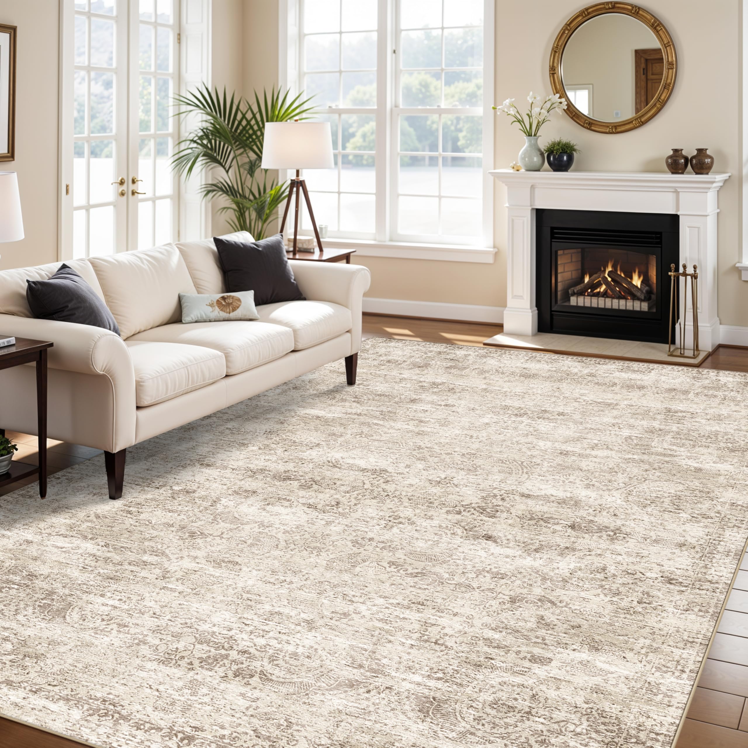 Washable Oriental Area Rug - 9x12 Rugs for Living Room Soft Carpet for Bedroom Waterproof Floral Distressed Indoor Stain Resistant Non-Shedding Floor Carpets (Beige, 9x12)