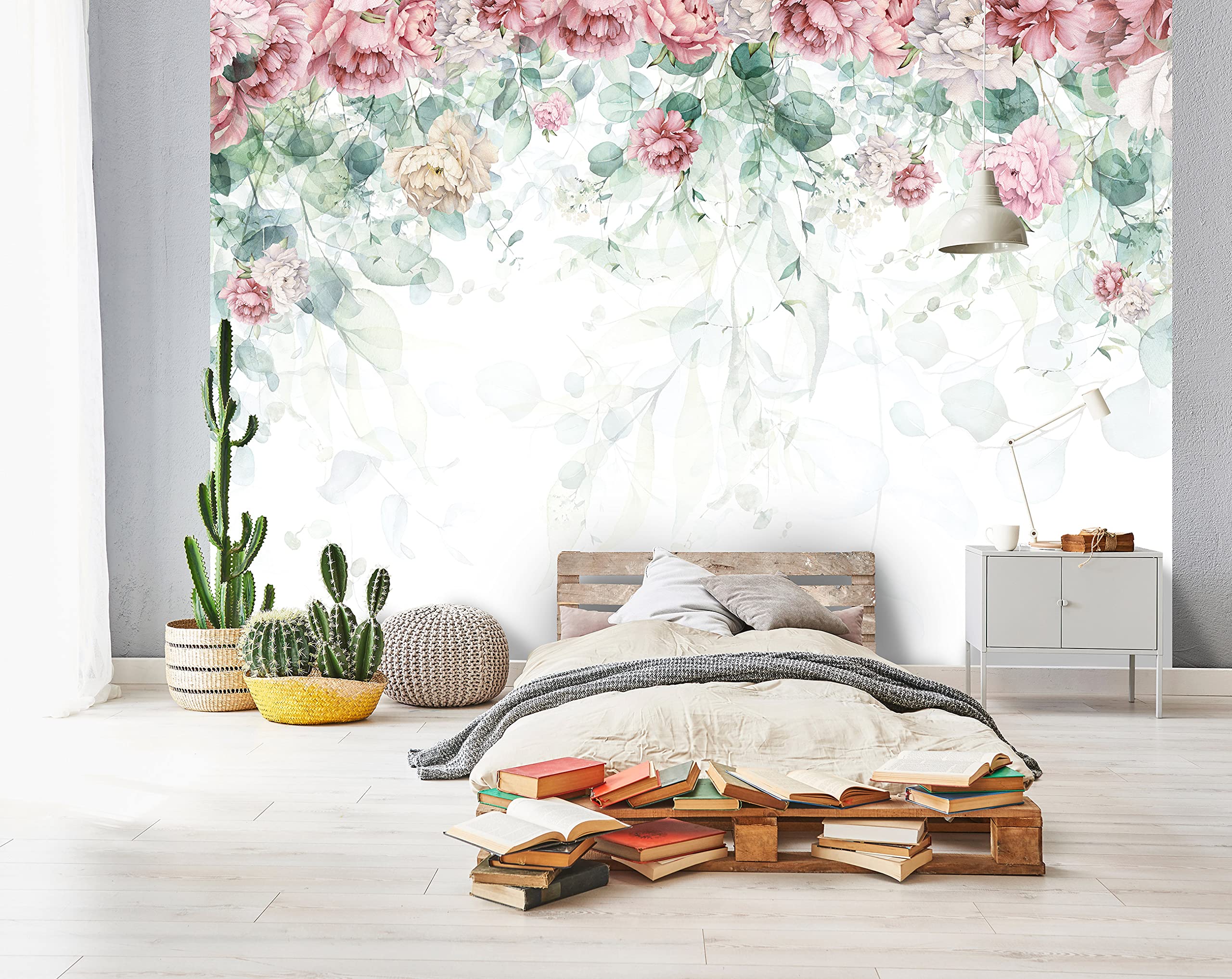 WallArena Carta Da Parati Fotografica Fiori Foglie Verde Rosa - Include Colla - Moderna Design Carta per Pareti Soggiorno Camera Da Letto Sala Fotomurali In Tessuto Non Tessuto TNT (368x254 cm)
