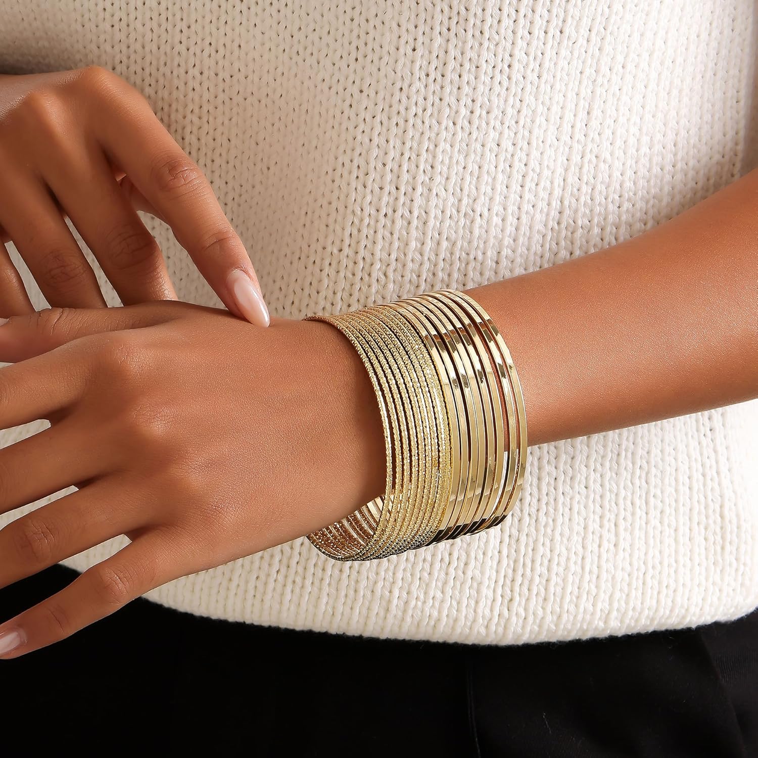 Gold Bangles for Women, 12 Pcs Boho Stackable Bracelets Multi Layer Textured Chunky Bracelets Jewelry Set for Women - Image 3