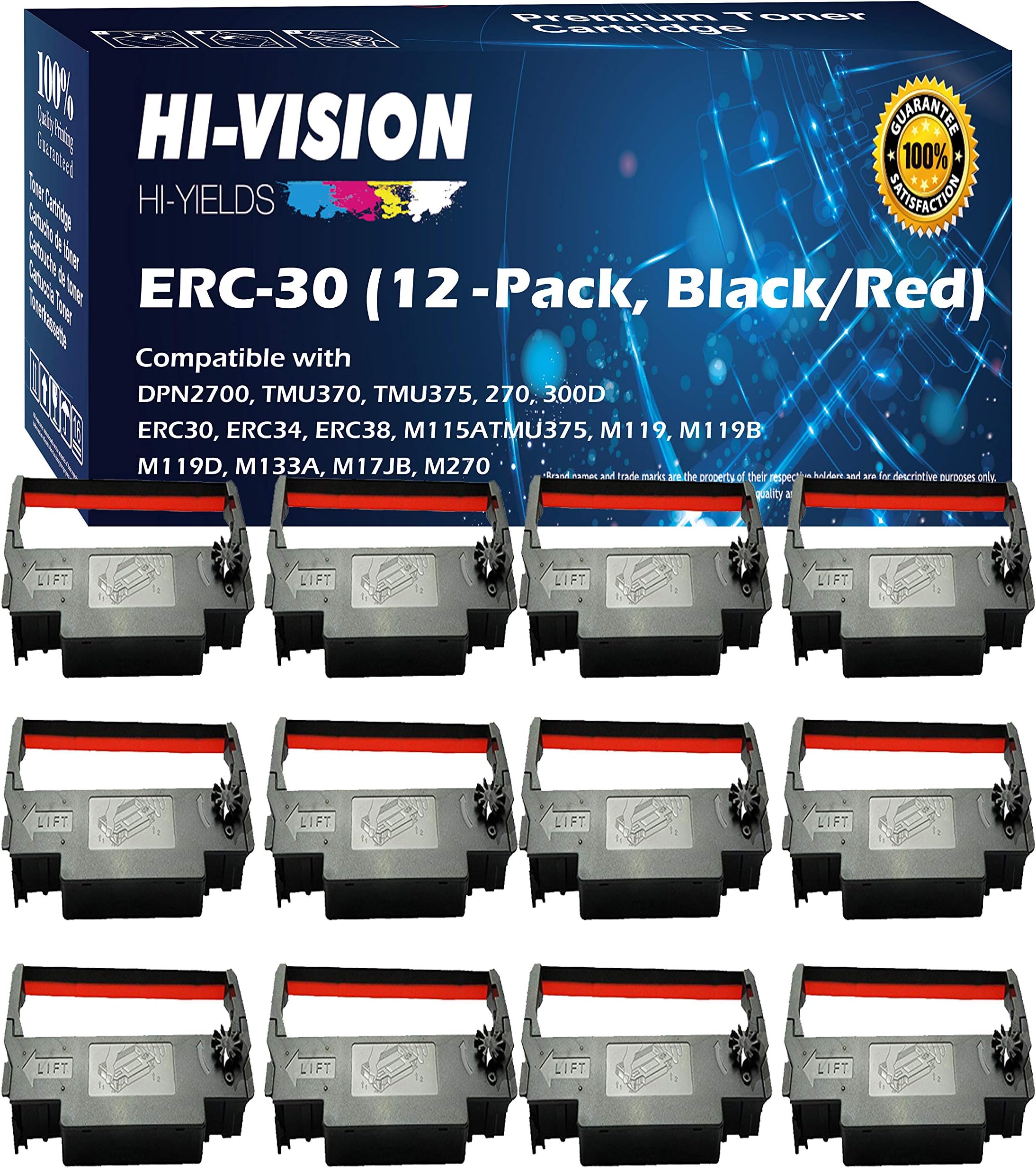 12-Pack Compatible ERC-30 (Black/Red) Ink Ribbon Replacement for Epson M119 M119B M119D M133A M270 M52JB IT-U375 TM-200 TM-260 Printers