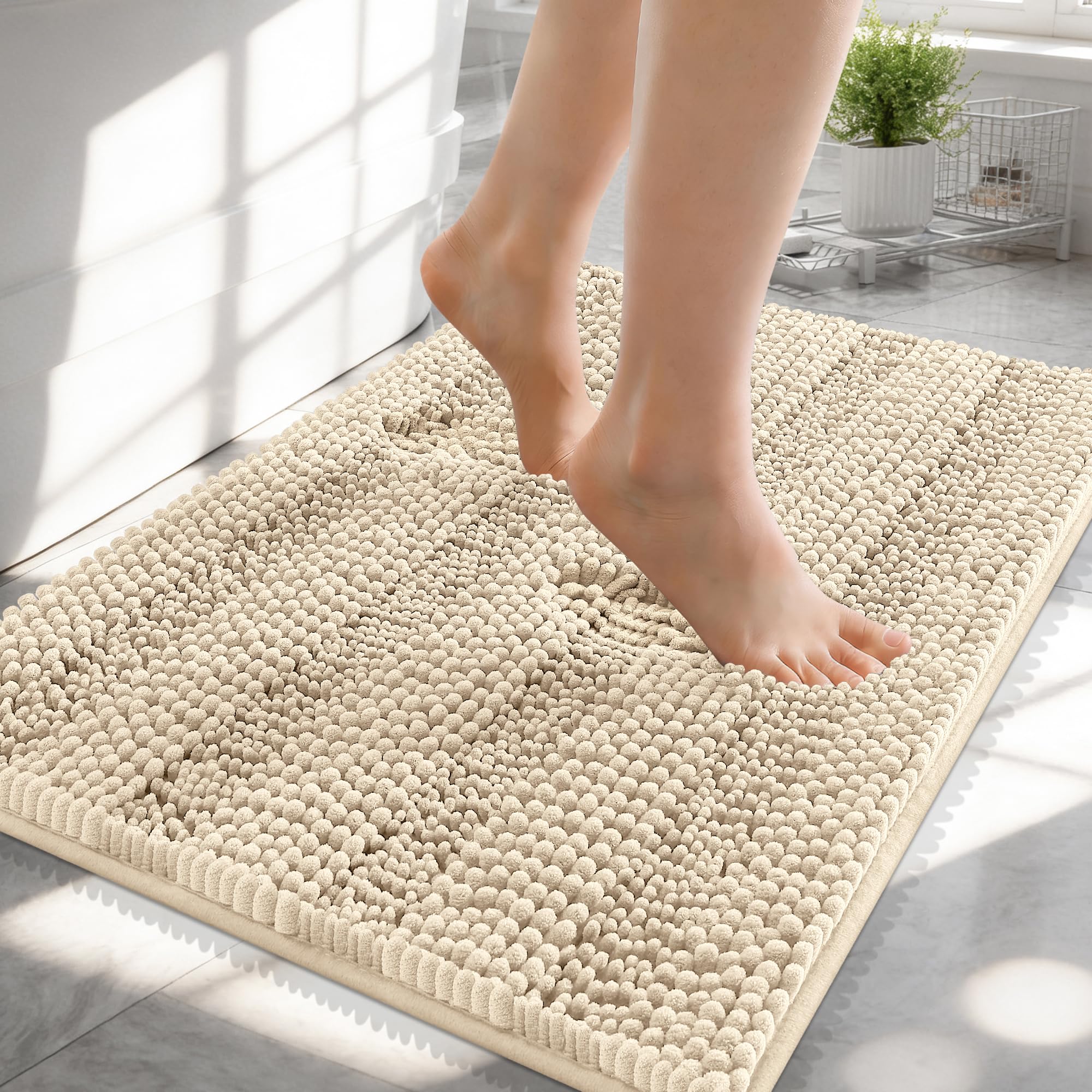 OLANLY Thick Small Bathroom Rugs 24x16, Soft Chenille Bath Rugs, Sand