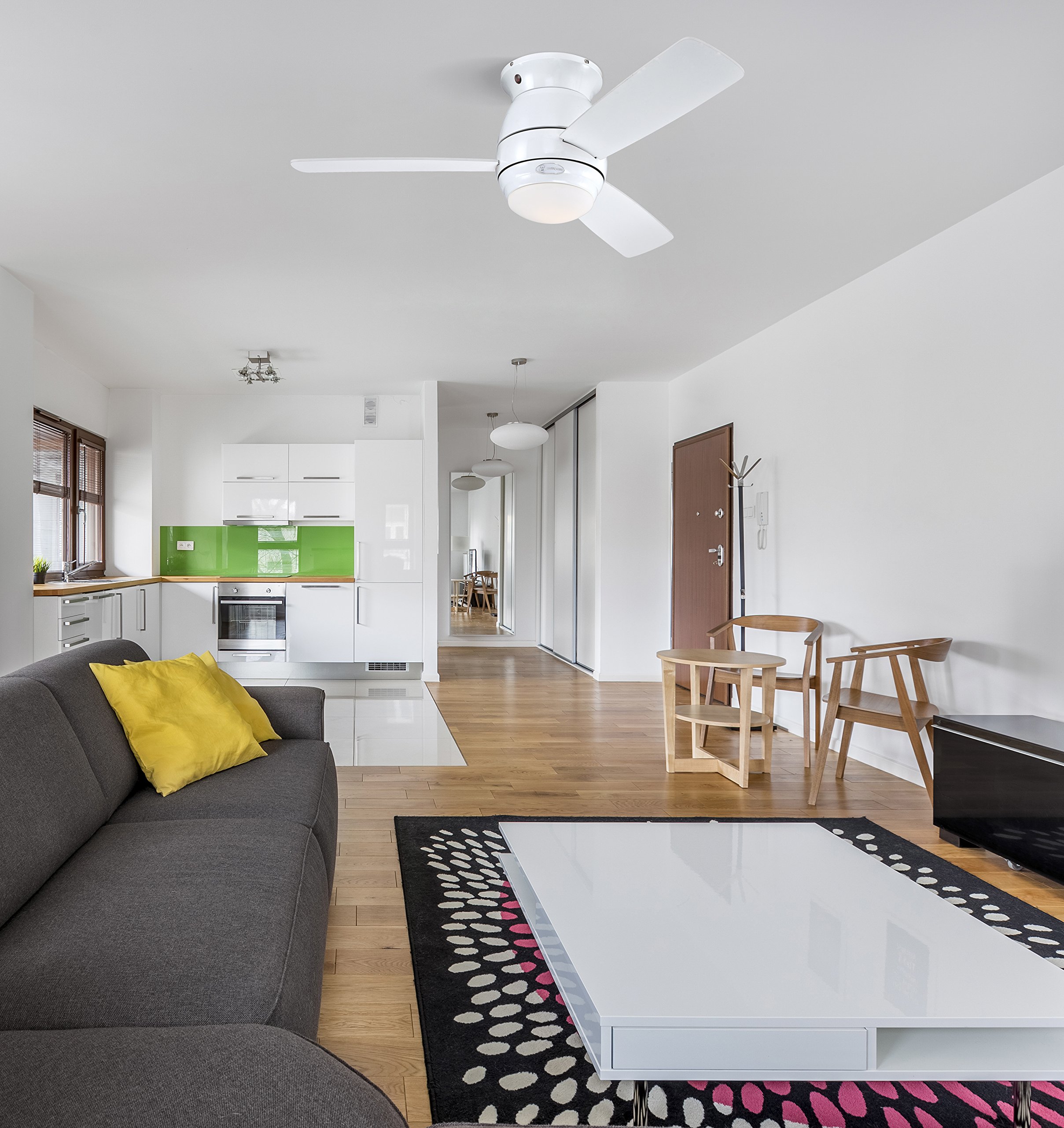 72180 Ventilatore da soffitto bianco per interni da 112 cm Halley, kit di luce con vetro smerigliato opale