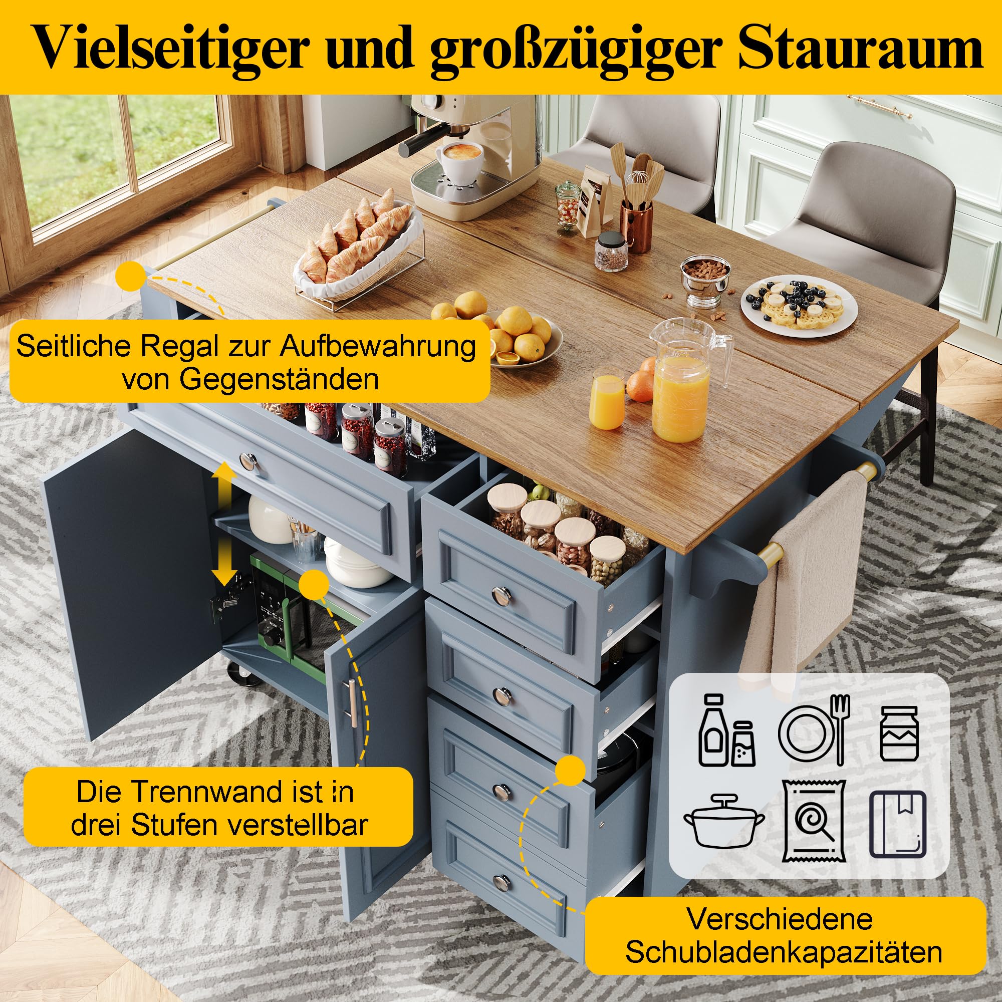 Kücheninsel Freistehend mit Klappbarer Arbeitsplatte und Vielseitiger Stauraum, Küchenschrank mit 4 Schubladen und Schränke, Servierwagen mit Rollen, Blau-A, 130x75x92 cm