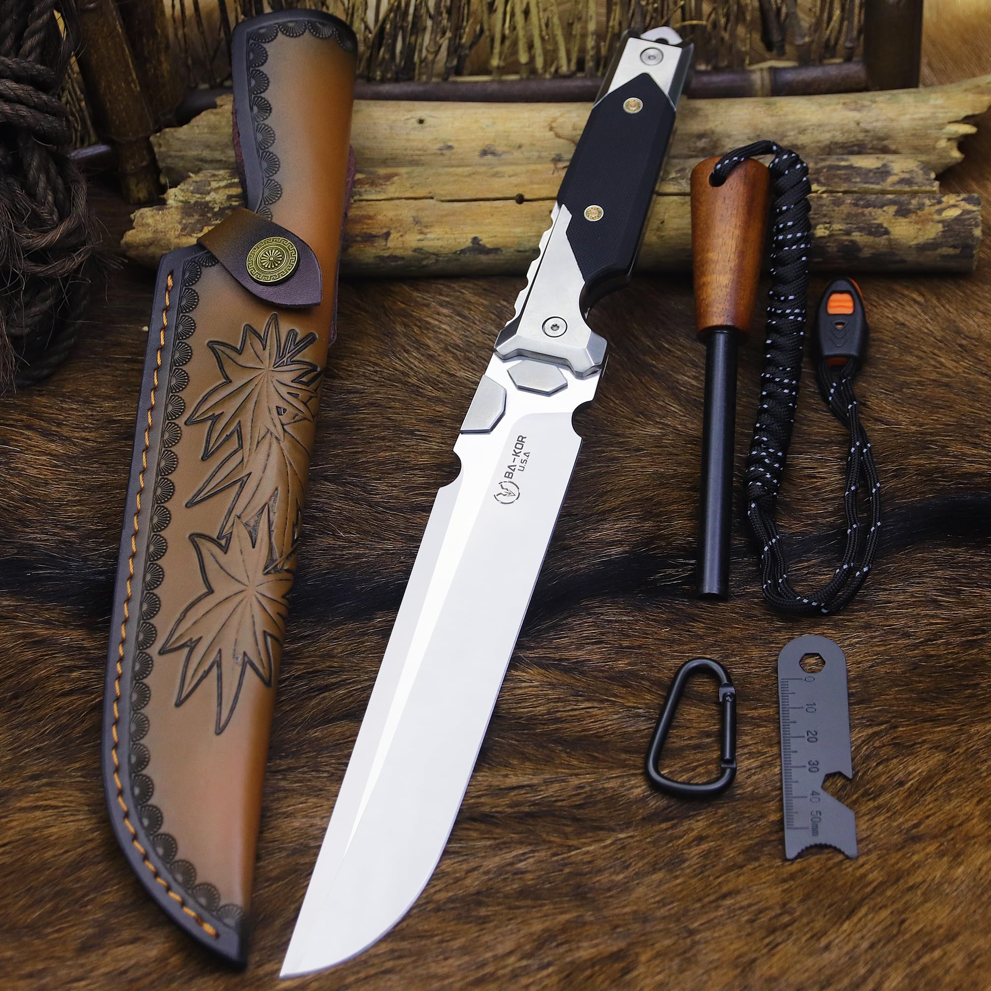 BA-KOR 14.3 inch All-Tang 9CR18MOV Hunting Survival knife + sheath,&?5.9in? Drilled Flint Fire Starter ? stainless steel +G10 handle camping knife, multi-purpose EDC tool knife ?
