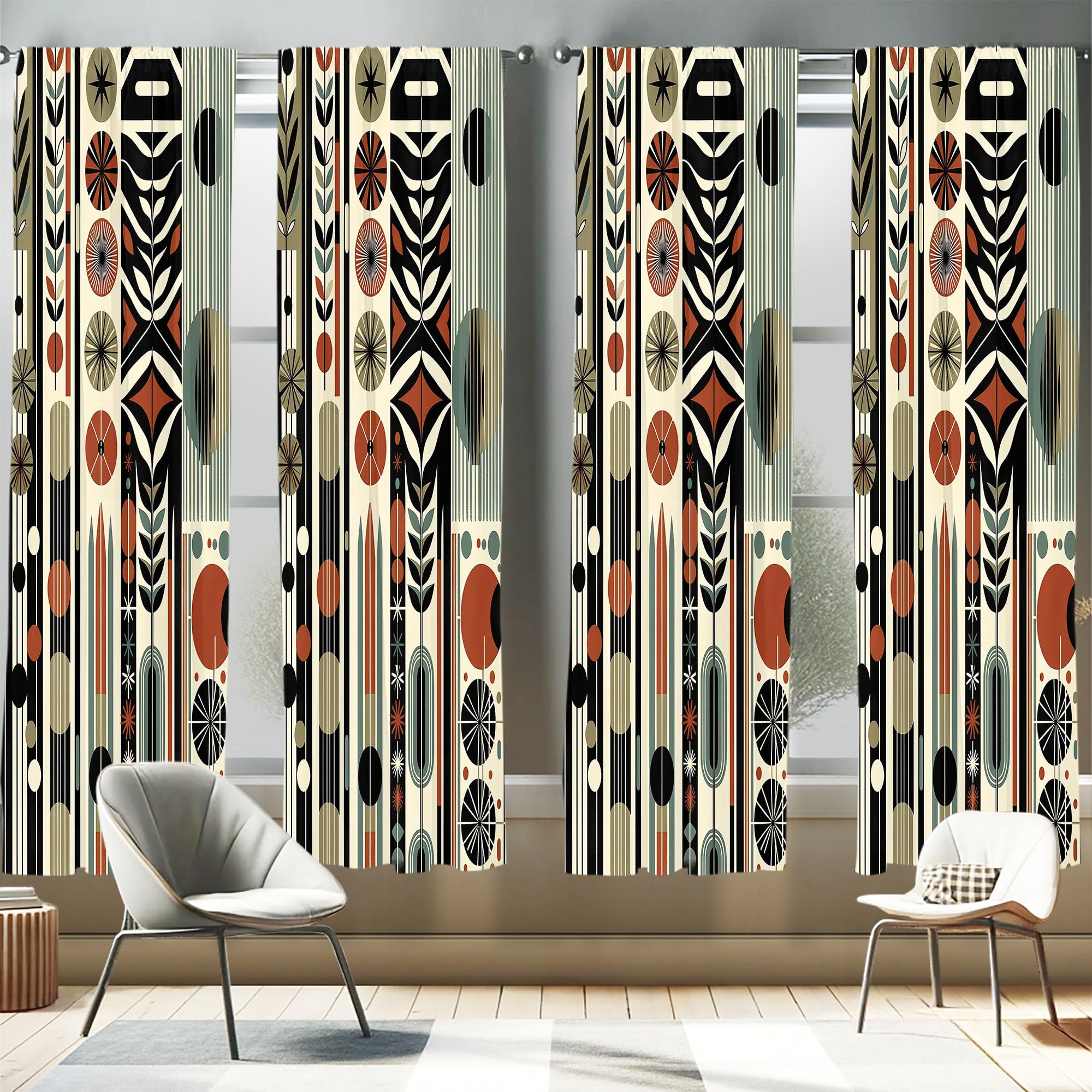 Ambesonne Bohemian Window Curtains Pack of 2, Mid Century Modern Themed Circular Motifs Ovals and Stripes Geometric, Lightweight Set with Rod Pocket,