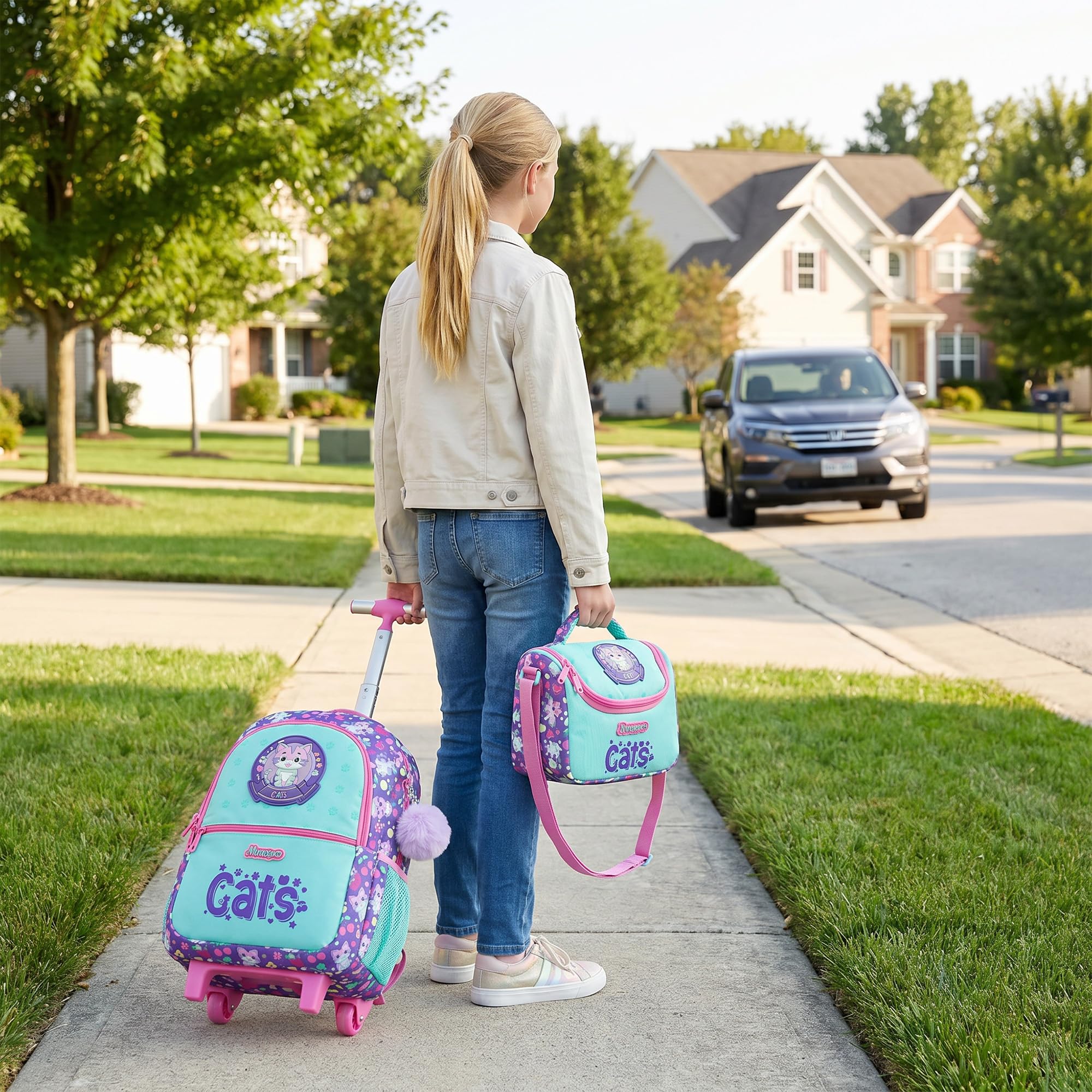 HTgroce Sac à Dos à Roulettes Fille Primaire Chat– Cartable a Roulette Fille – Idéal pour CP CE1 CE2 CM1 CM2