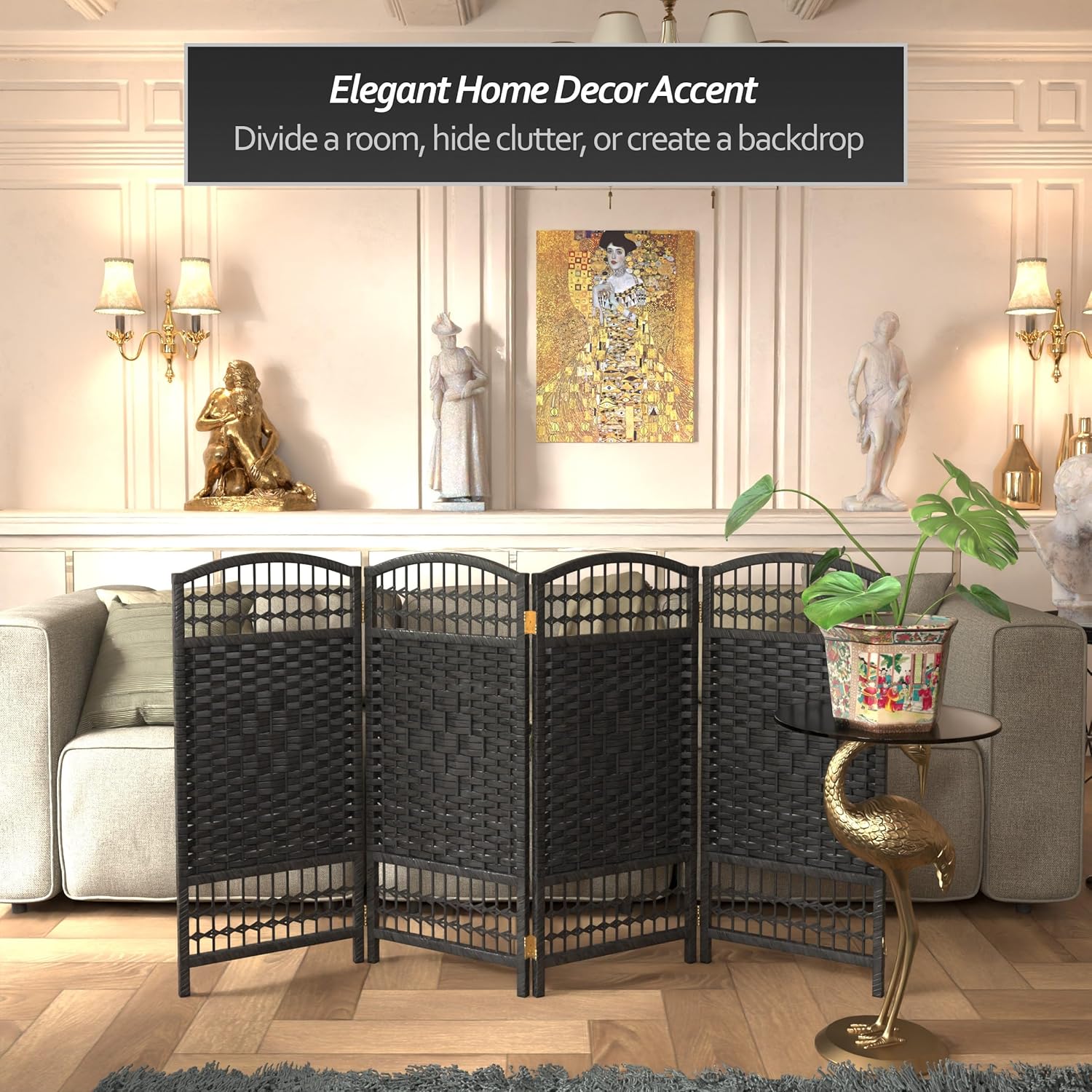 Red Lantern 3 ft. Short Fiber Weave Folding Screen - Black - 4 Panels