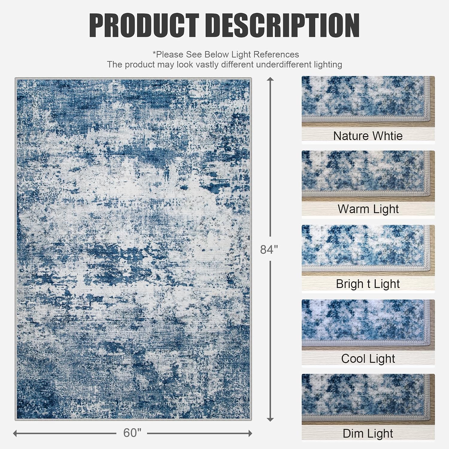 5x7 Washable Modern Abstract Blue Rug Non-Slip Stain-Resistant for Living Room Bedroom Home Office