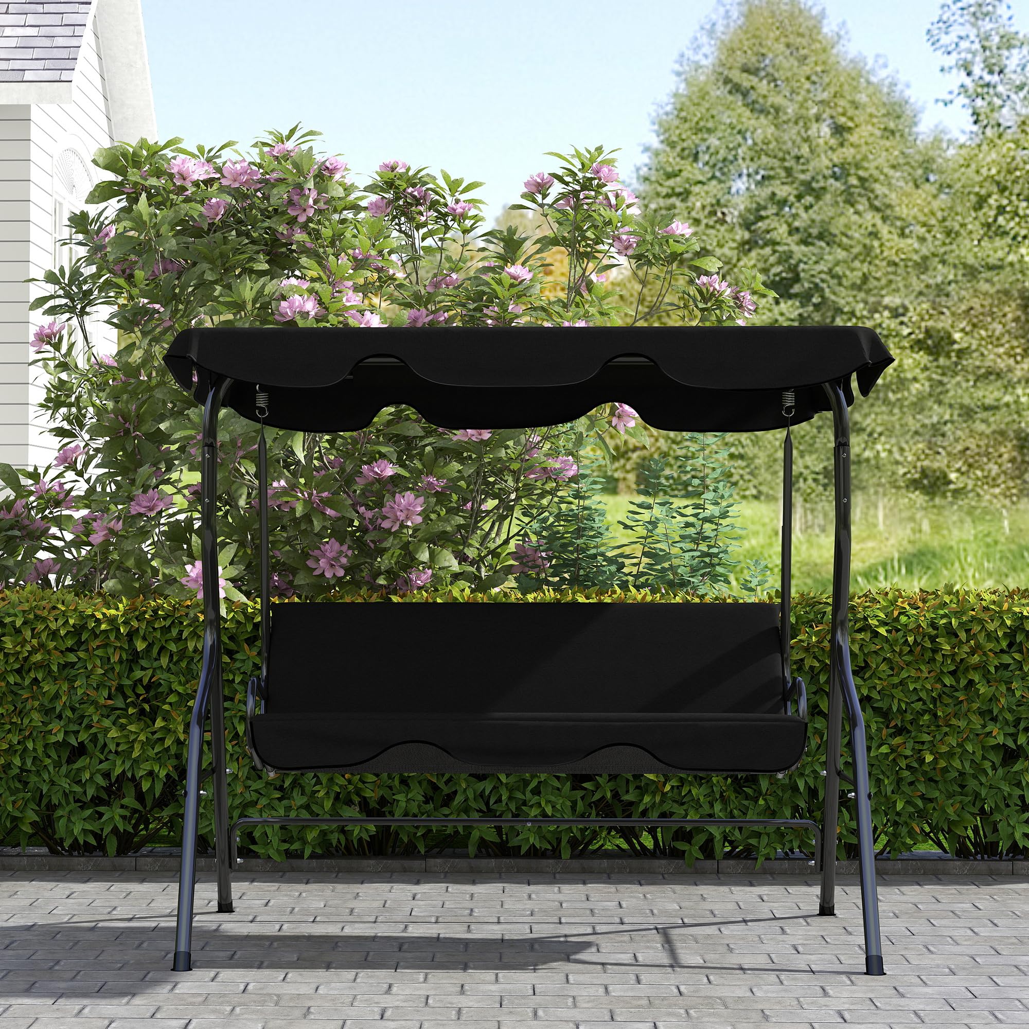 Outsunny Columpio de Jardín de 2-3 Plazas Impermeable 170x110x153 cm Negro | Balancín de Exterior, Toldo Ajustable en Ángulo, Marco de Acero, para Patio, Balcón