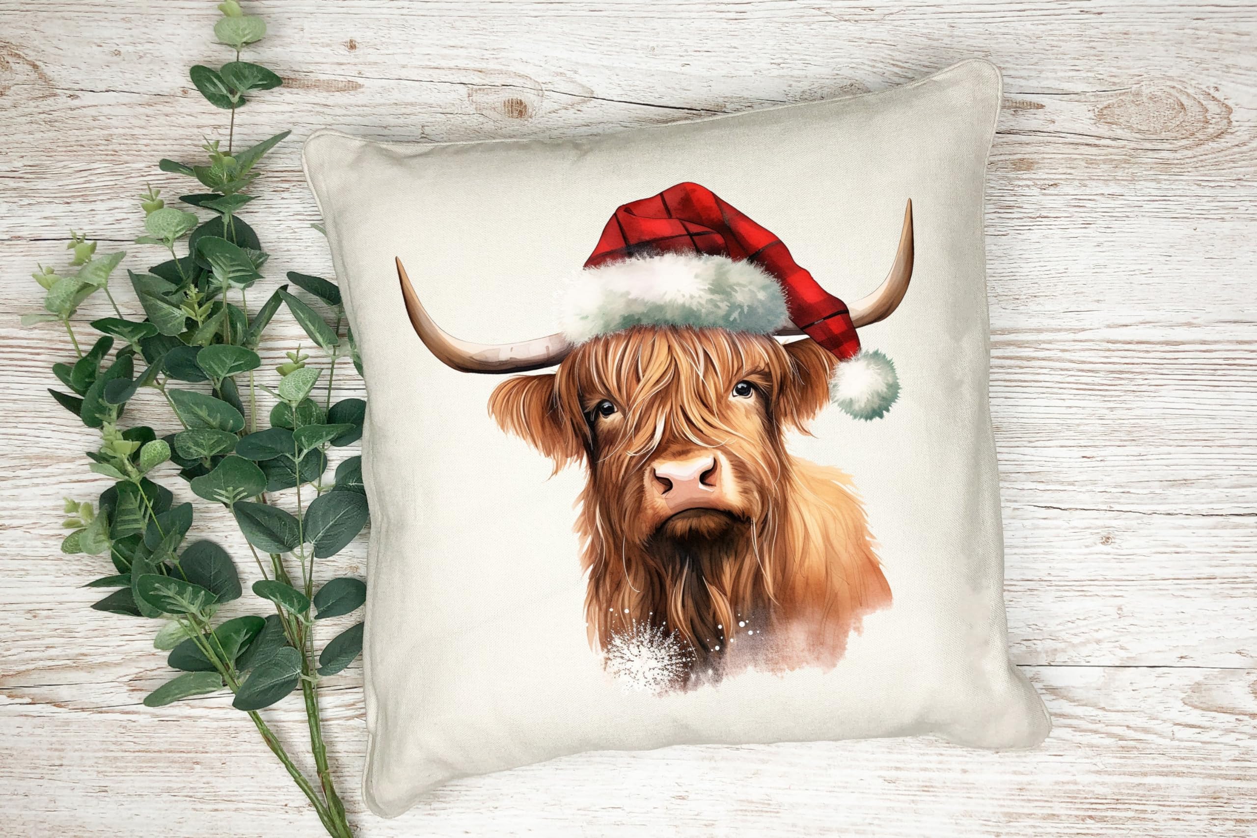 Anonymous Gifting Christmas Watercolour Animals Printed Cushion Cover - 40x40cm - Linen style - Highland Cow 2