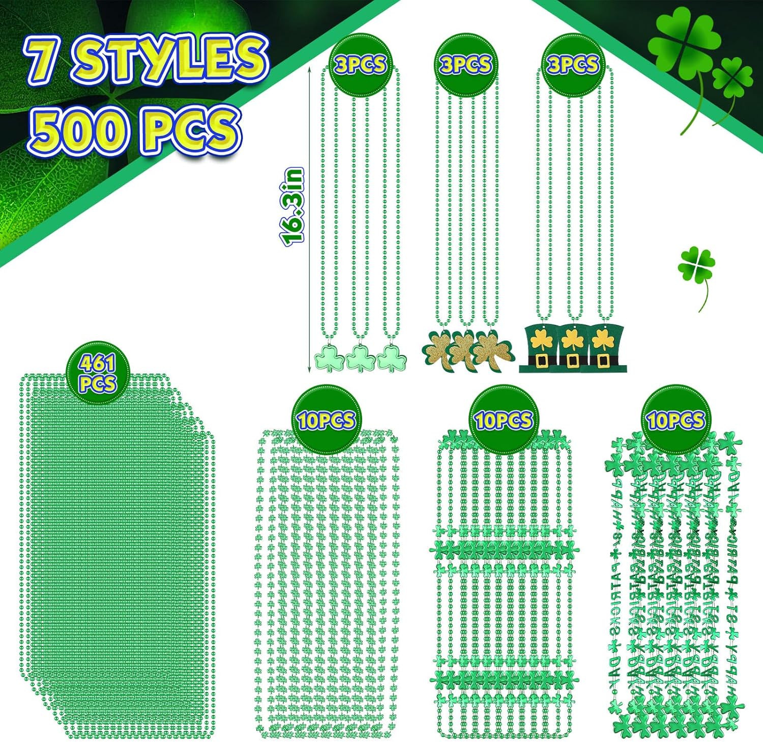 Yinkin 500 Pcs St. Patrick's Day Bead Necklaces Bulk Green Beaded Necklace with Shamrock Irish Hat Pendants St. Patrick's Day Accessories Party Favor Supplies Parades Costume Jewelry Decorations - Image 2