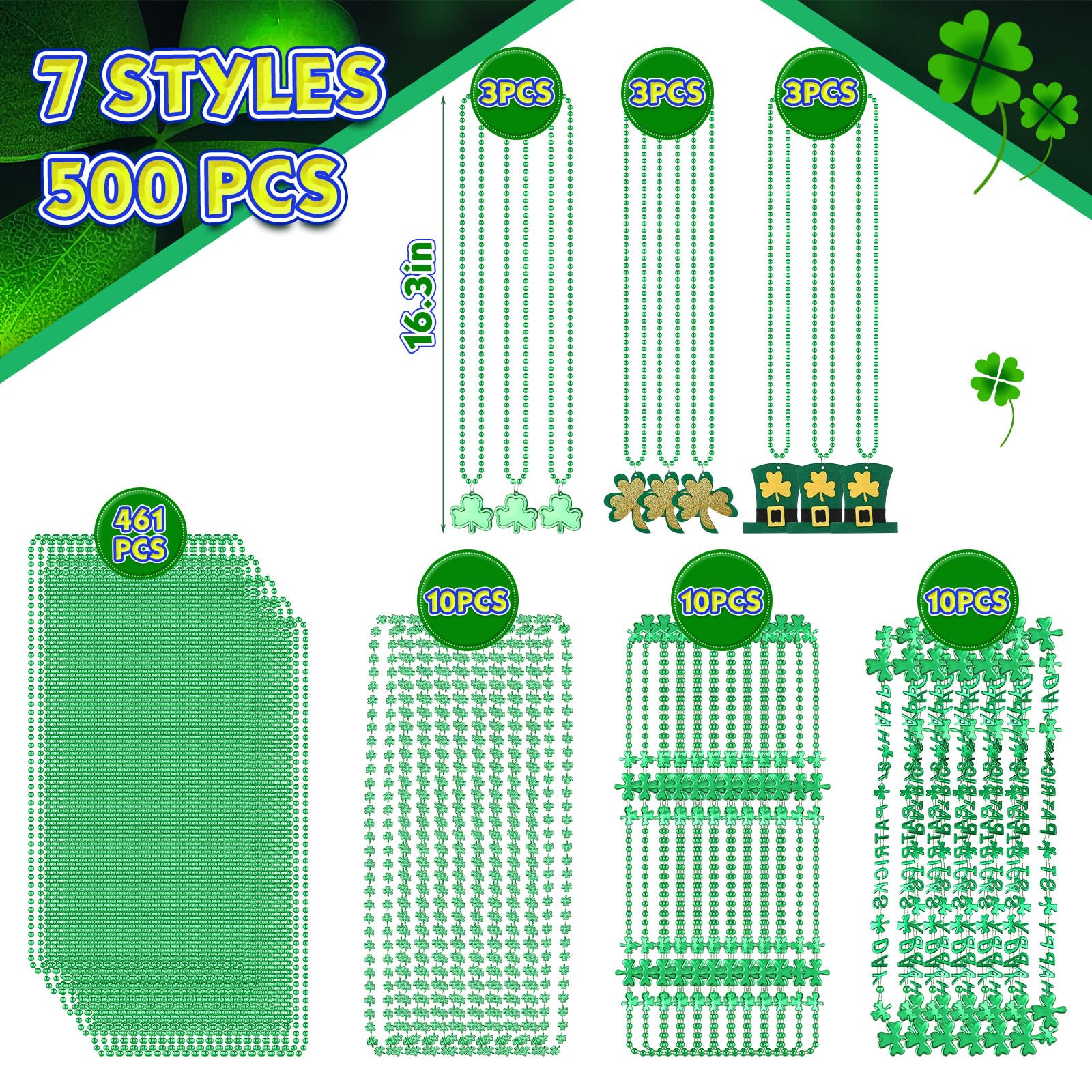 Yinkin 500 Pcs St. Patrick's Day Bead Necklaces Bulk Green Beaded Necklace with Shamrock Irish Hat Pendants St. Patrick's Day Accessories Party Favor Supplies Parades Costume Jewelry Decorations