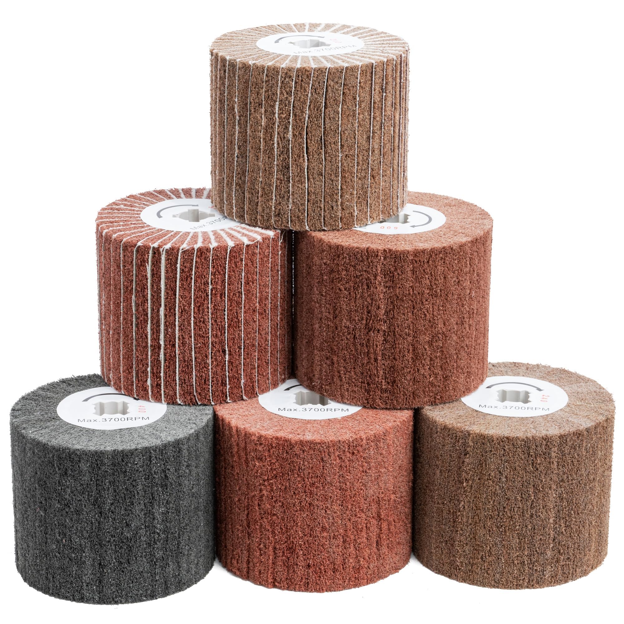 6 Pcs Non-Woven Wire Drawing Flap Wheel for Polishing Burnishing Wheels, 120x100mm 240/240SP/320/320SP/400/600 Grit for Stainless Steel, Copper and