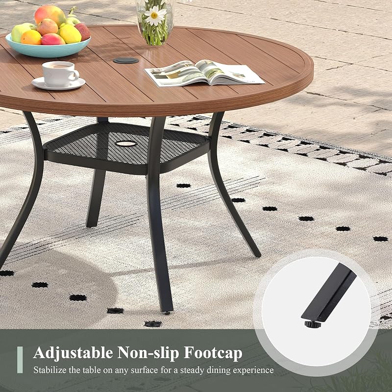 ARKOST Outdoor Dining Set for 4, 40.6" Metal Round Outdoor Dining Table with Umbrella Hole and Wicker Stackable Patio Chairs, 5 Pieces Patio Table and Chairs Set for Garden Backyard, Walnut image 6