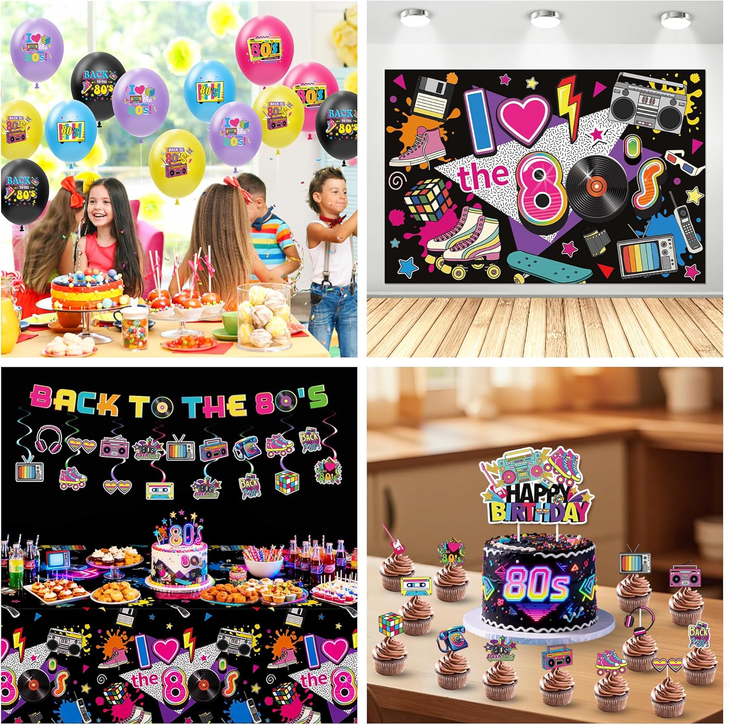 80's Party Decorations, Retro 1980s Hip Hop Theme Back to the 80's Birthday Party Supplies, Paper Plate, Napkin, Cup, Banner, Tablecloth, Backdrop, Swirl, Balloon, Topper, Cutlery, Serves 24