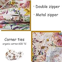 Vista 14 de FADFAY Juego de funda de edredón floral 100% algodón a rayas verdes y beige, ropa de cama de flores desgastadas con diseño de ramas botánicas