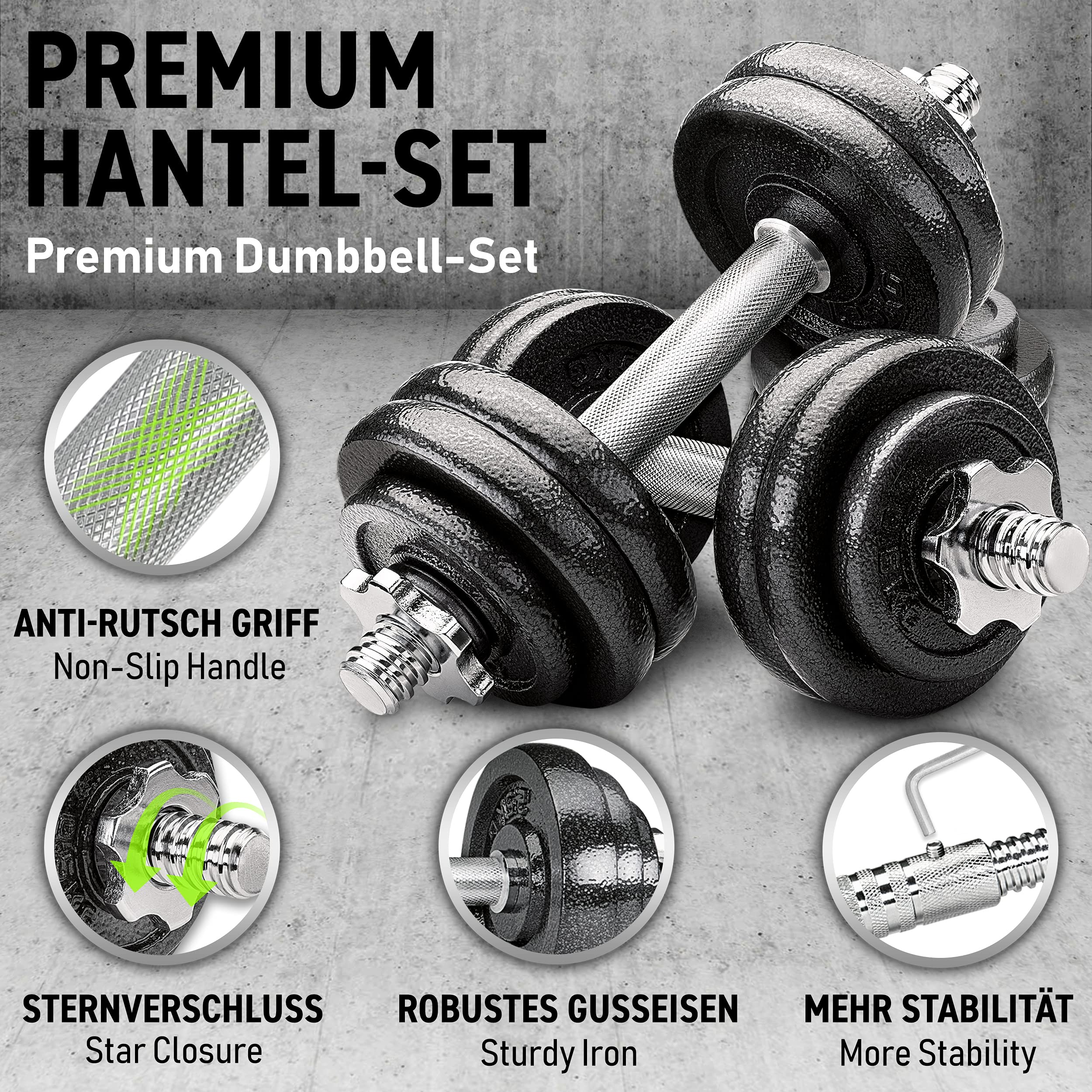 RE:SPORT Zestaw hantli 2 w 1 1 15-30 kg | zestaw hantli żeliwnych regulowanych | krótkie i długie hantle | zaciski gwiazdowe i rura łącząca
