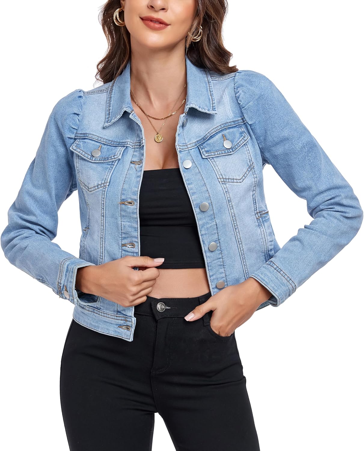 Anienaya Women's Jean Jacket Cropped Denim Jackets Stretchy Puff Long Sleeve Ripped with Pockets
