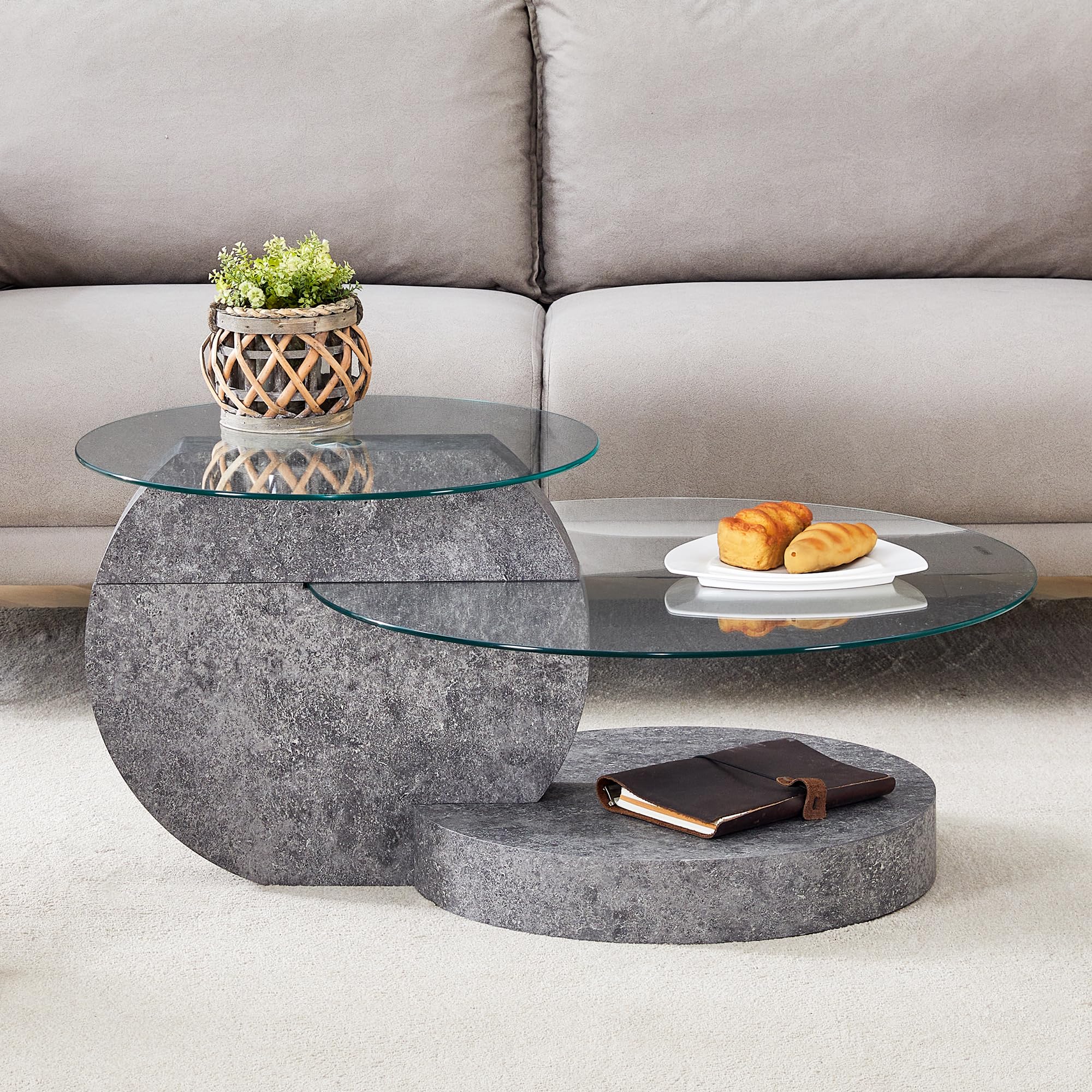 Modern Glass Coffee Table,Small Round Coffee Tables, 35" 3-Tier Circle Wood Coffee Table for Living Room Rustic Circle Center Cocktail Table with Tempered Glass, Unique Accent Table for Small Spaces