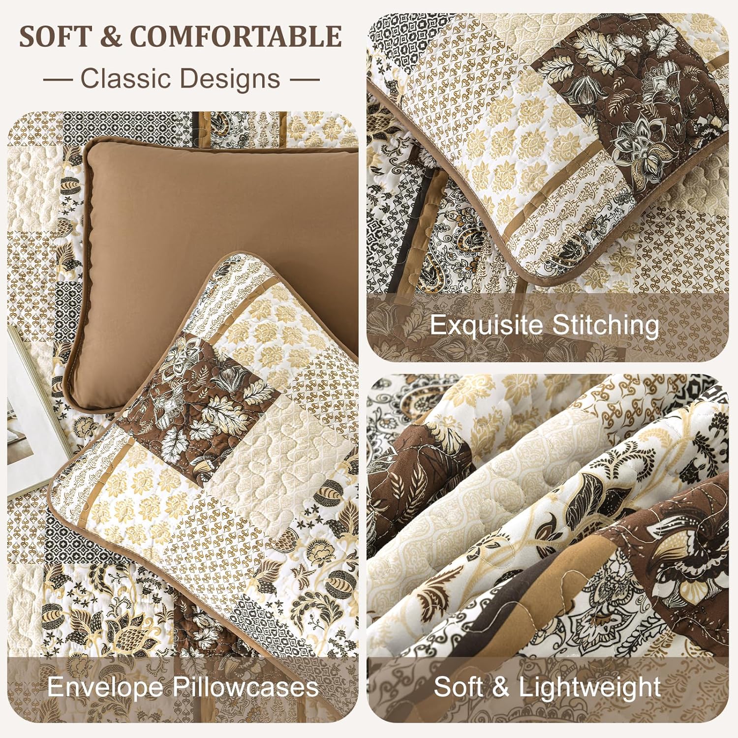WONGS BEDDING Brown Quilt Set King Size，Brown Patchwork Plaid Printed Bedspread Coverlet Set，3 Pieces Soft Microfiber Boho Bedding Set (104"×90") - Image 3