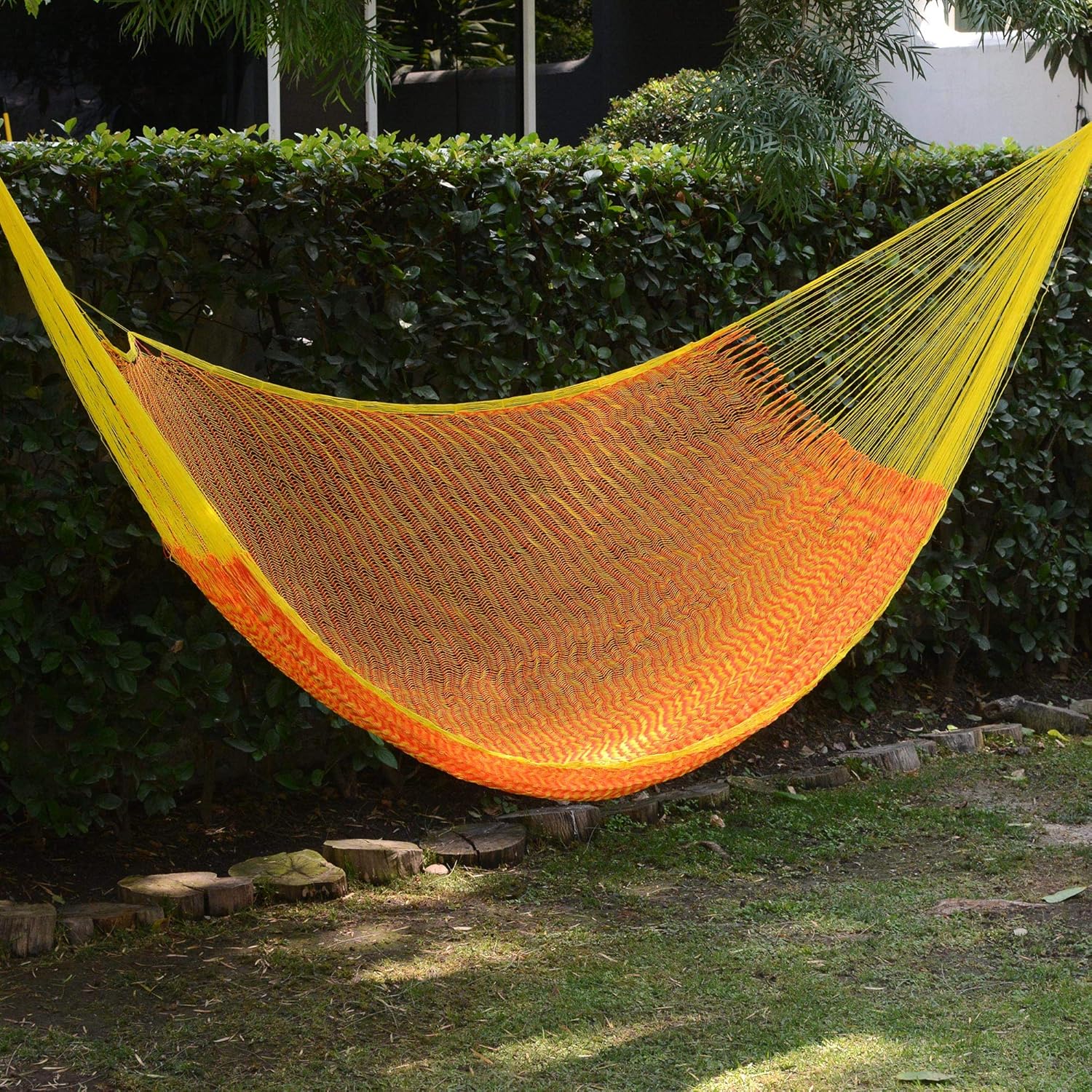 NOVICA Bright Orange Yellow Hand Woven Nylon Mayan 2 Person XL Rope Hammock, 'Daffodil Dreams' (Double)