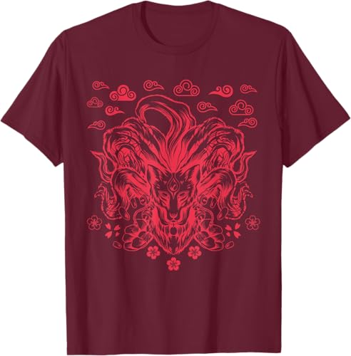 Miniatura 10 de Camiseta de anime japonés Nine Tails Fox Kitsune, Negro -
