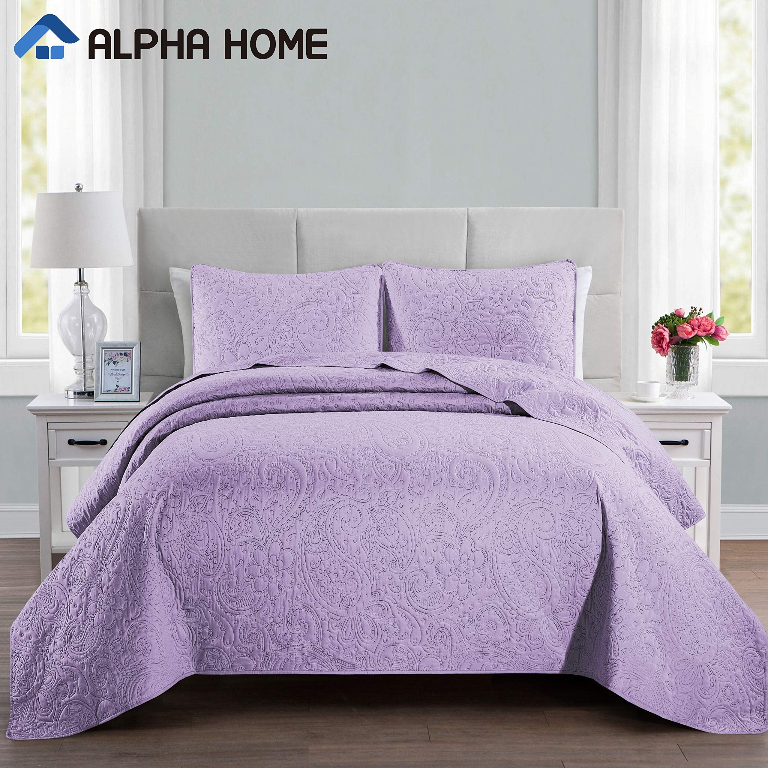 ALPHA HOME3-Piece Bed Quilt Lightweight Bedspread Set Queen Size 96" x 96", 1 Embossing Bedspread, 2 Pillow case 20" x 26", Machine Washable Bed Quilt Comforter Bedding Set Duvet Cover,Purple