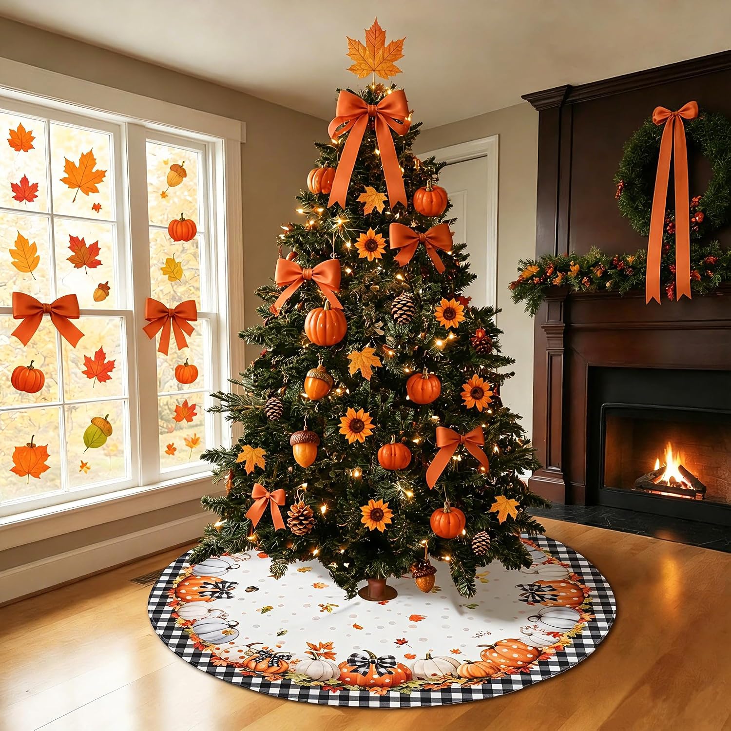 36 Inch Fall Tree Skirt Mat Short Plush Pumpkin Tree Skirts for Indoor Outdoor Fall Tree Decoration
