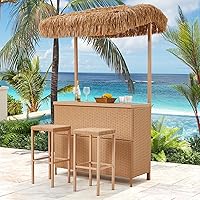 HOMREST 3-Piece Outdoor Tiki Bar Set with Wicker Frame, 2 Height Stools, Storage Shelf, Canopy & Durable Plastic Wood Top - Beige Patio Poolside