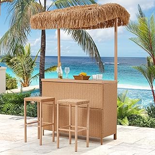 HOMREST Outdoor Tiki Bar Set, 3 Pieces Wicker Patio Bar Set w/2 Height S...